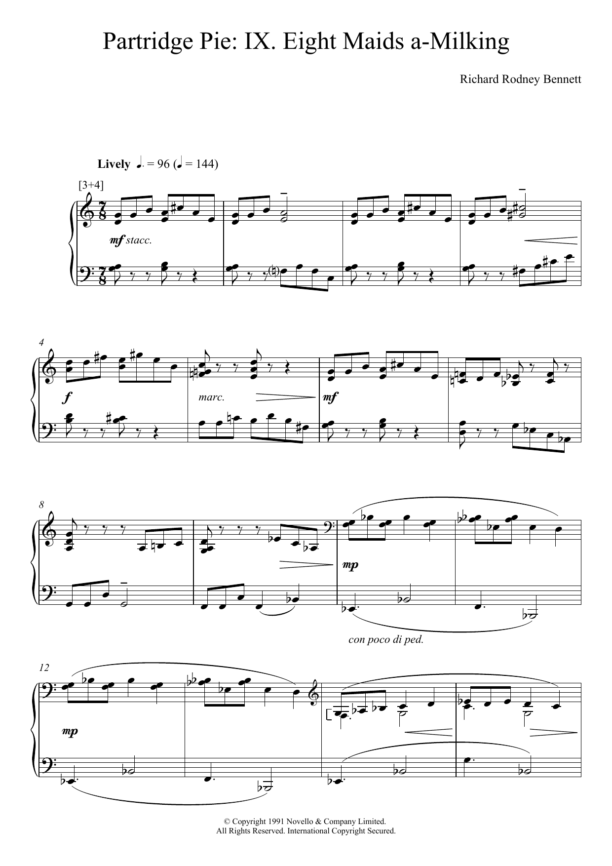 Richard Rodney Bennett Eight Maids A-Milking (from Partridge Pie) Sheet Music Notes & Chords for Piano - Download or Print PDF