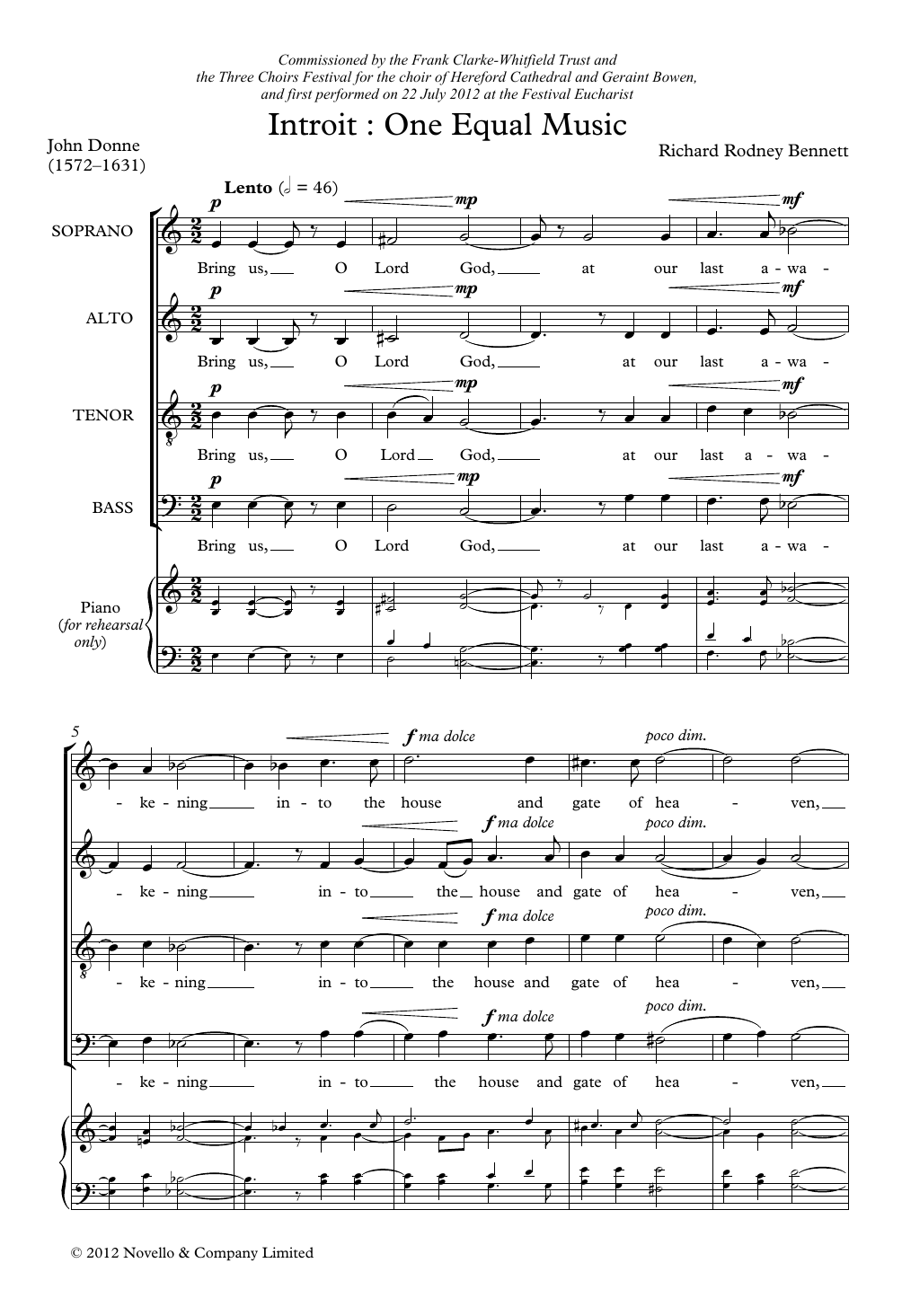 Richard Rodney Bennett Introit: One Equal Music Sheet Music Notes & Chords for Choir - Download or Print PDF