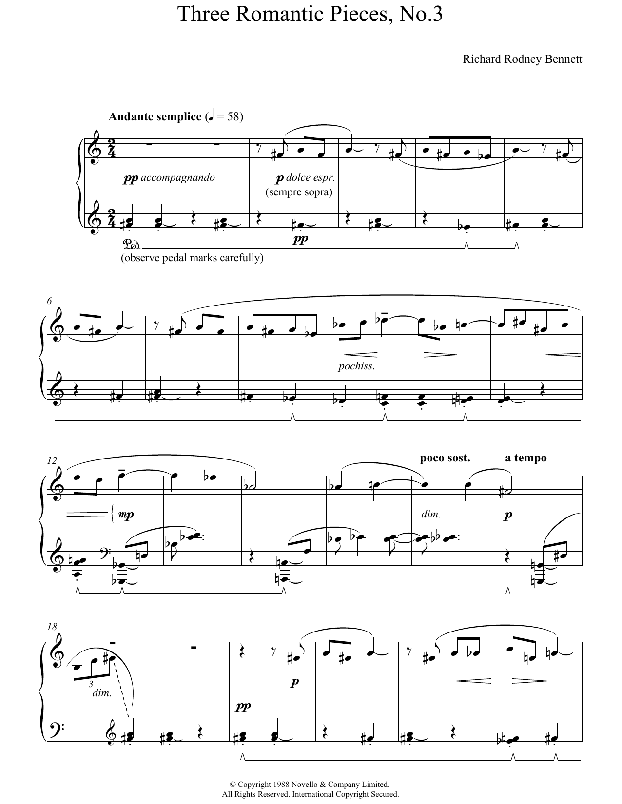 Richard Rodney Bennett Three Romantic Pieces, No.3 Sheet Music Notes & Chords for Piano - Download or Print PDF