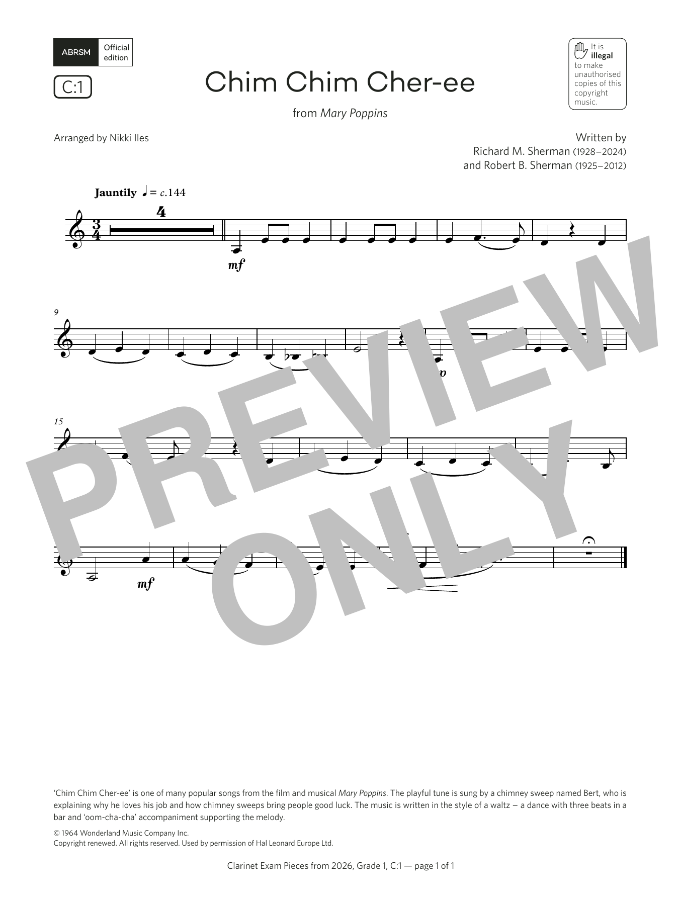 Richard Sherman & Robert Sherman Chim Chim Cher-ee (Grade 1, list C1, from the ABRSM Clarinet Syllabus from 2026) Sheet Music Notes & Chords for Clarinet Solo - Download or Print PDF Richard Sherman & Robert Sherman Chim Chim Cher-ee (Grade 1, list C1, from the ABRSM Clarinet Syllabus from 2026) Sheet Music Notes & Chords for Clarinet Solo - Download or Print PDF