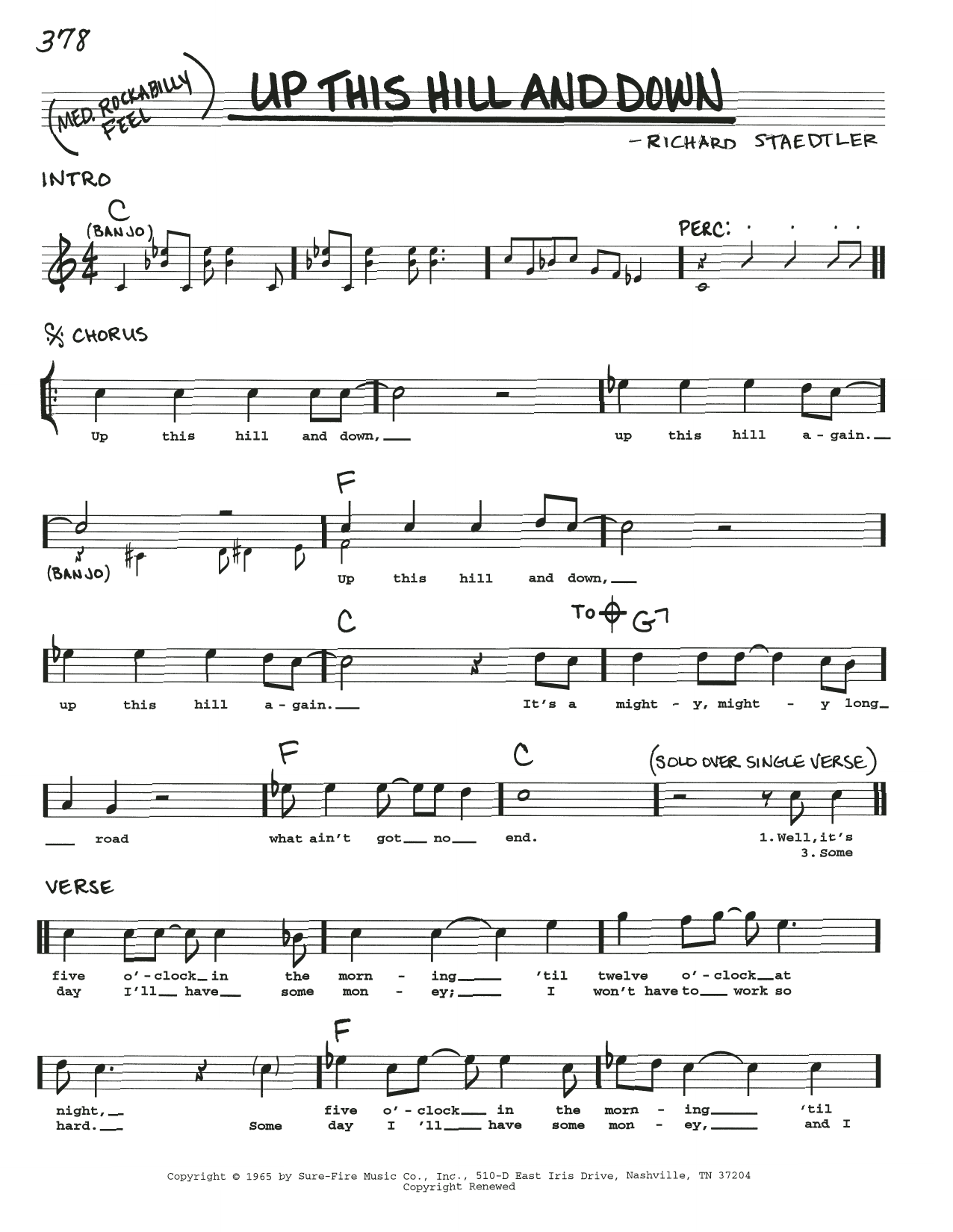 Richard Staedtler Up This Hill And Down Sheet Music Notes & Chords for Real Book – Melody, Lyrics & Chords - Download or Print PDF