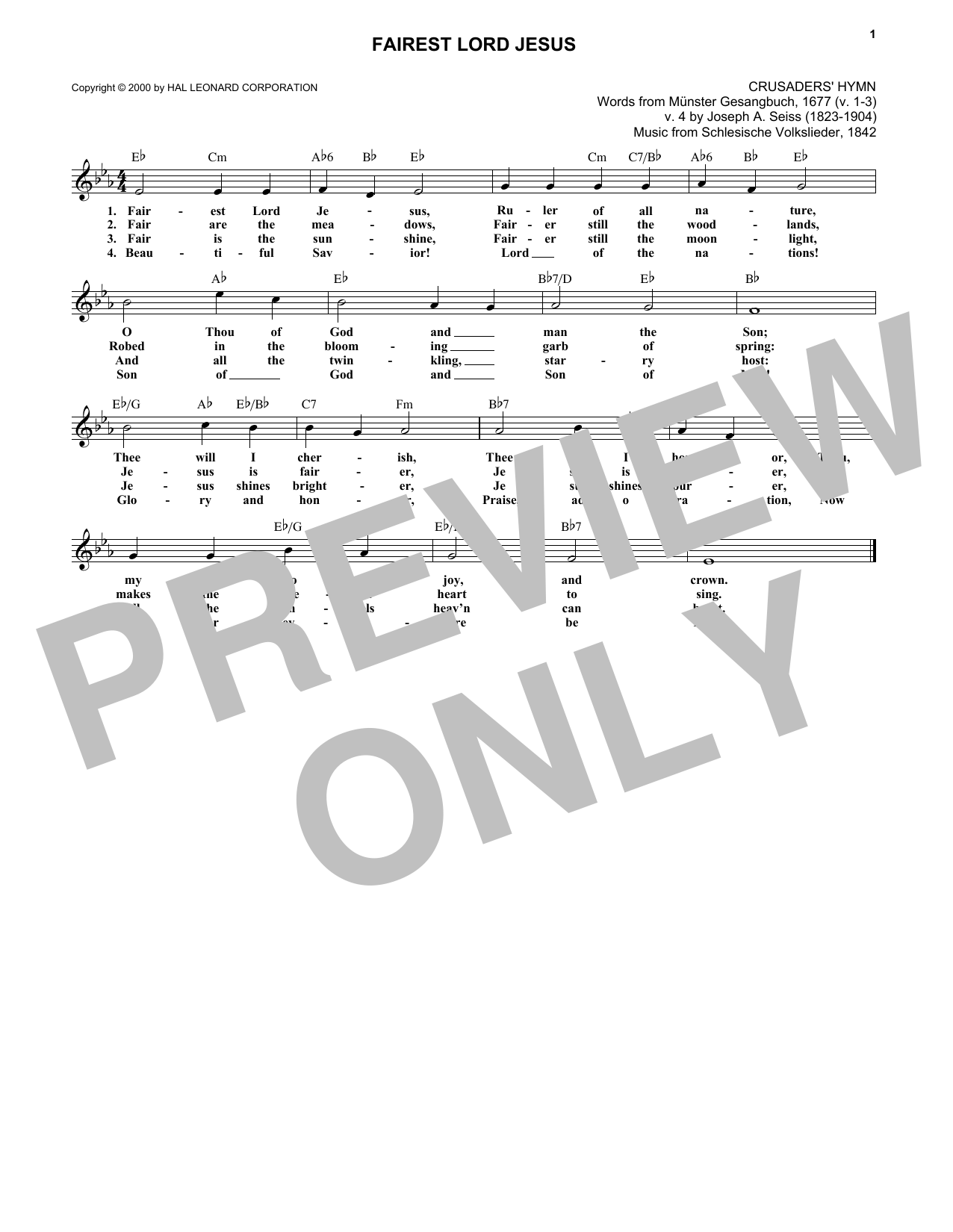 Richard Storrs Willis, arr. Fairest Lord Jesus Sheet Music Notes & Chords for Melody Line, Lyrics & Chords - Download or Print PDF