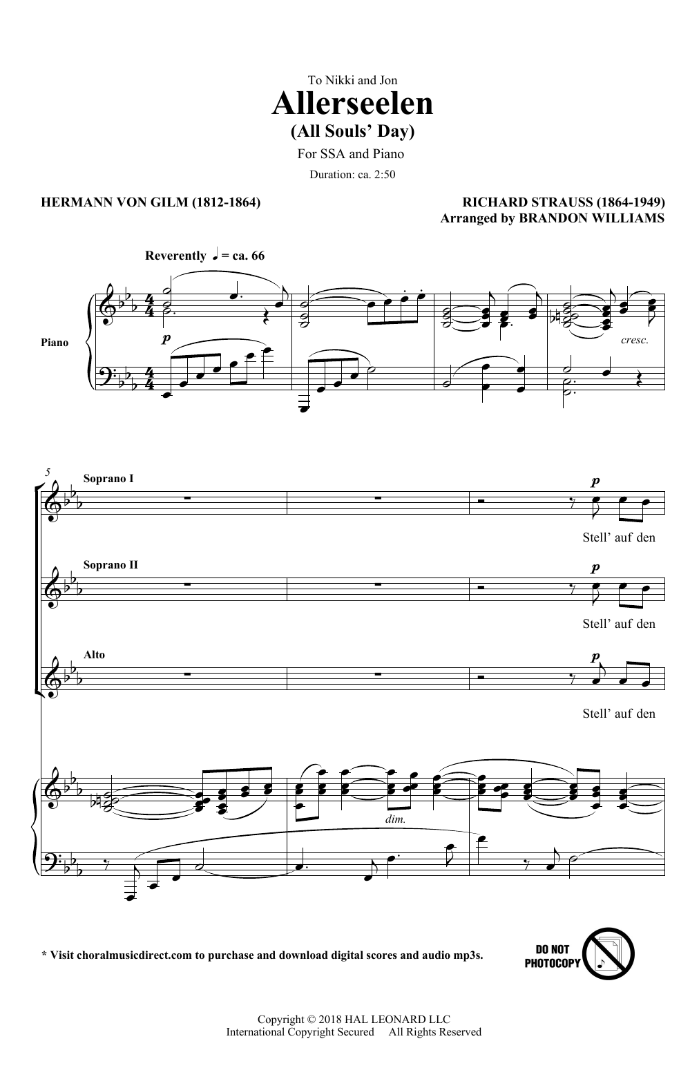 Richard Strauss & Hermann von Gilm Allerseelen (arr. Brandon Williams) Sheet Music Notes & Chords for SSA Choir - Download or Print PDF
