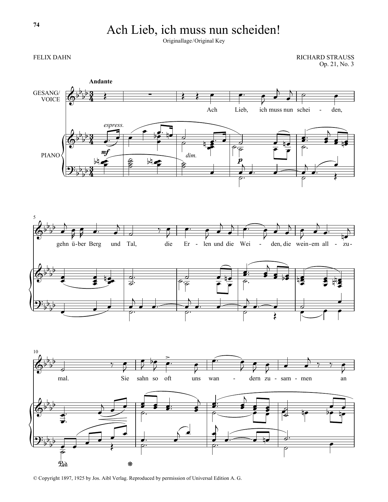 Richard Strauss Ach Lieb, Ich Muss Nun Scheiden! (High Voice) Sheet Music Notes & Chords for Piano & Vocal - Download or Print PDF