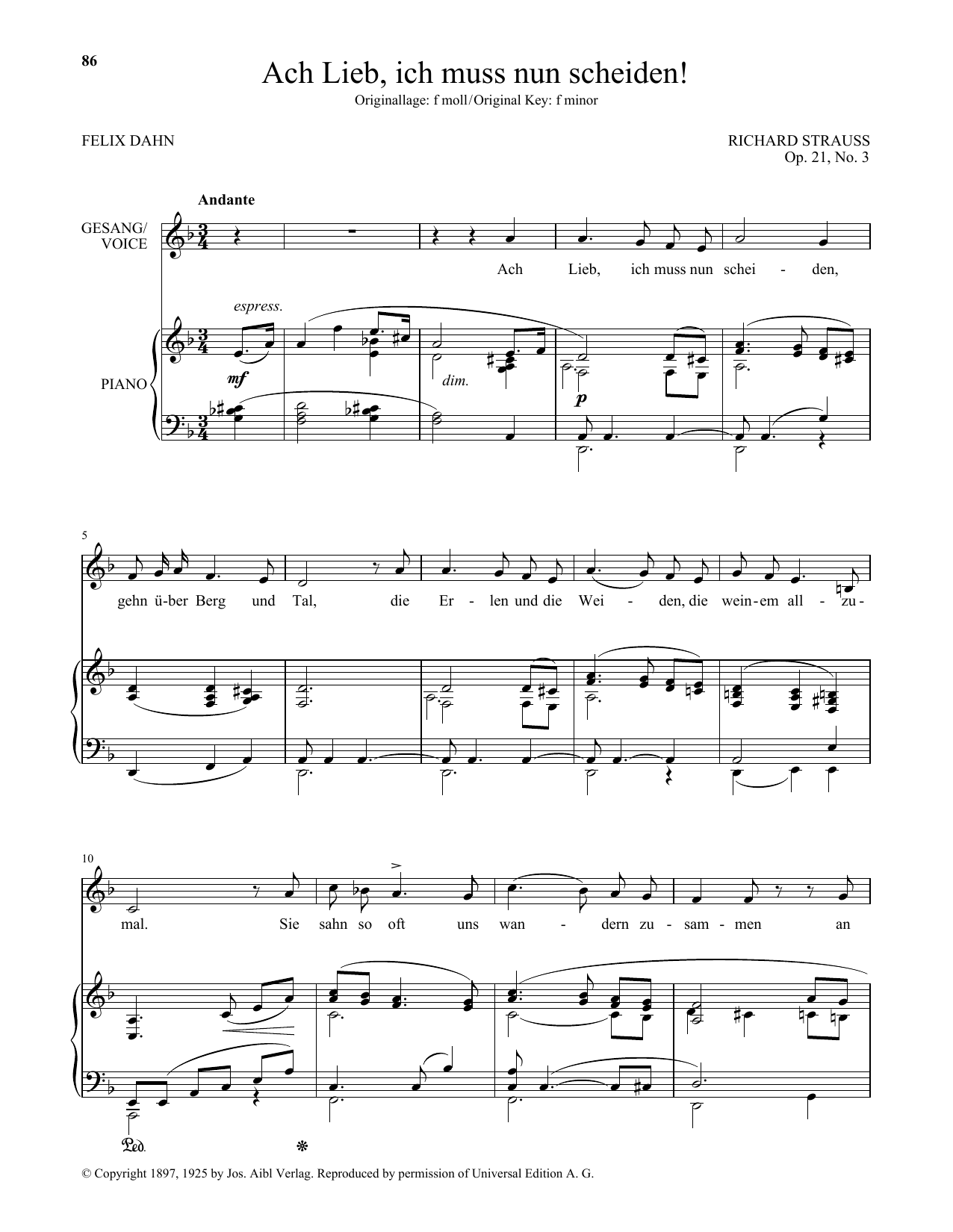 Richard Strauss Ach Lieb, Ich Muss Nun Scheiden! (Low Voice) Sheet Music Notes & Chords for Piano & Vocal - Download or Print PDF