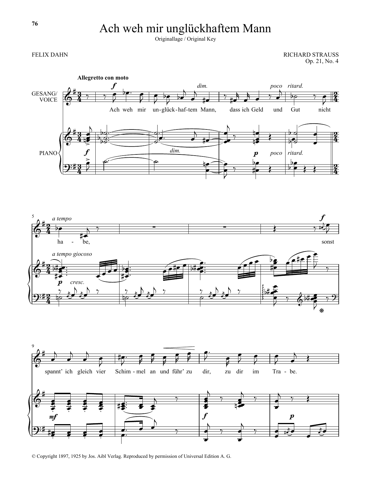 Richard Strauss Ach Weh Mir Ungluckhaftem Mann (High Voice) Sheet Music Notes & Chords for Piano & Vocal - Download or Print PDF