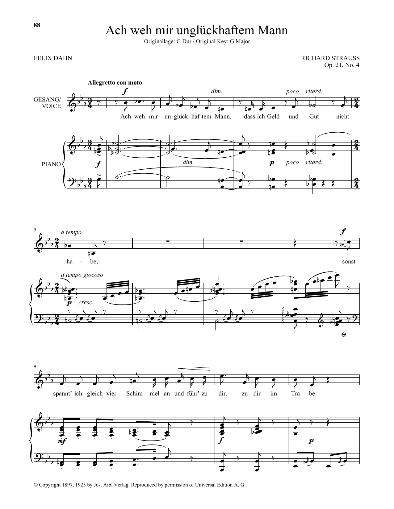 Richard Strauss Ach Weh Mir Ungluckhaftem Mann (Low Voice) Sheet Music Notes & Chords for Piano & Vocal - Download or Print PDF