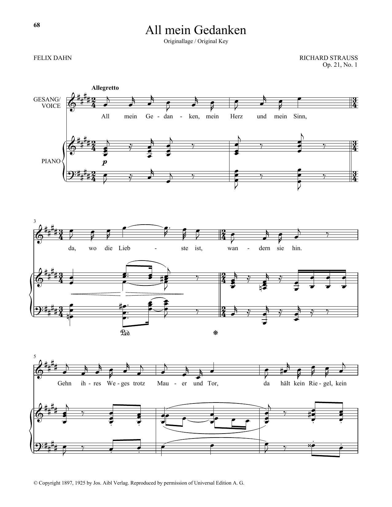 Richard Strauss All Mein Gedanken (High Voice) Sheet Music Notes & Chords for Piano & Vocal - Download or Print PDF