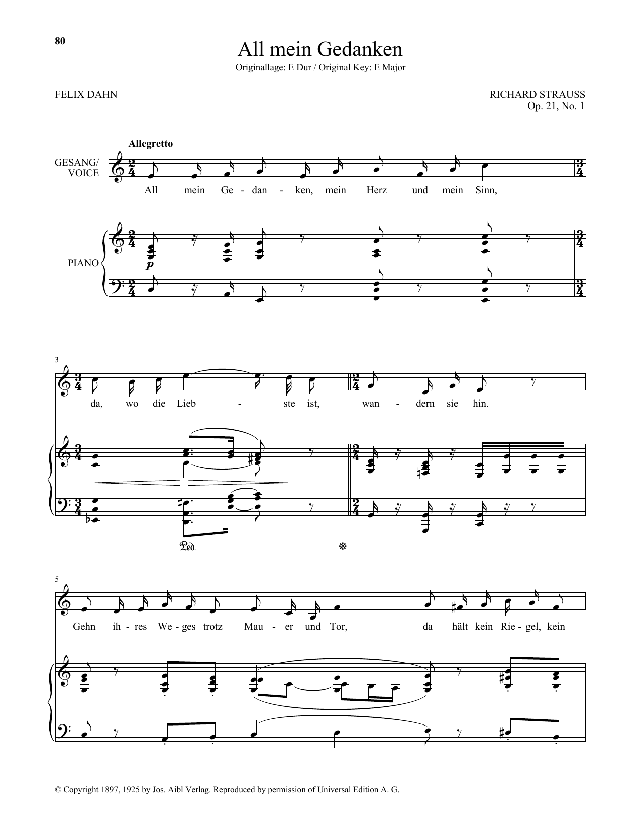 Richard Strauss All Mein Gedanken (Low Voice) Sheet Music Notes & Chords for Piano & Vocal - Download or Print PDF