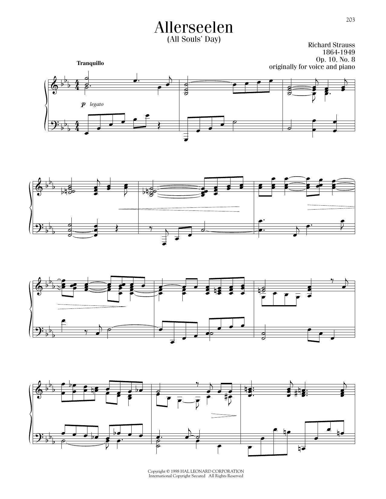Richard Strauss Allerseelen, Op. 10 (All Souls' Day) Sheet Music Notes & Chords for Piano Solo - Download or Print PDF