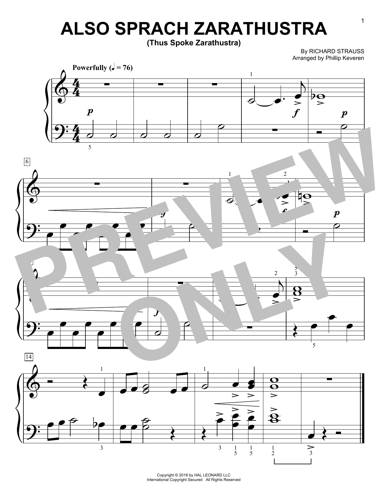 Phillip Keveren Also Sprach Zarathustra Sheet Music Notes & Chords for Piano (Big Notes) - Download or Print PDF