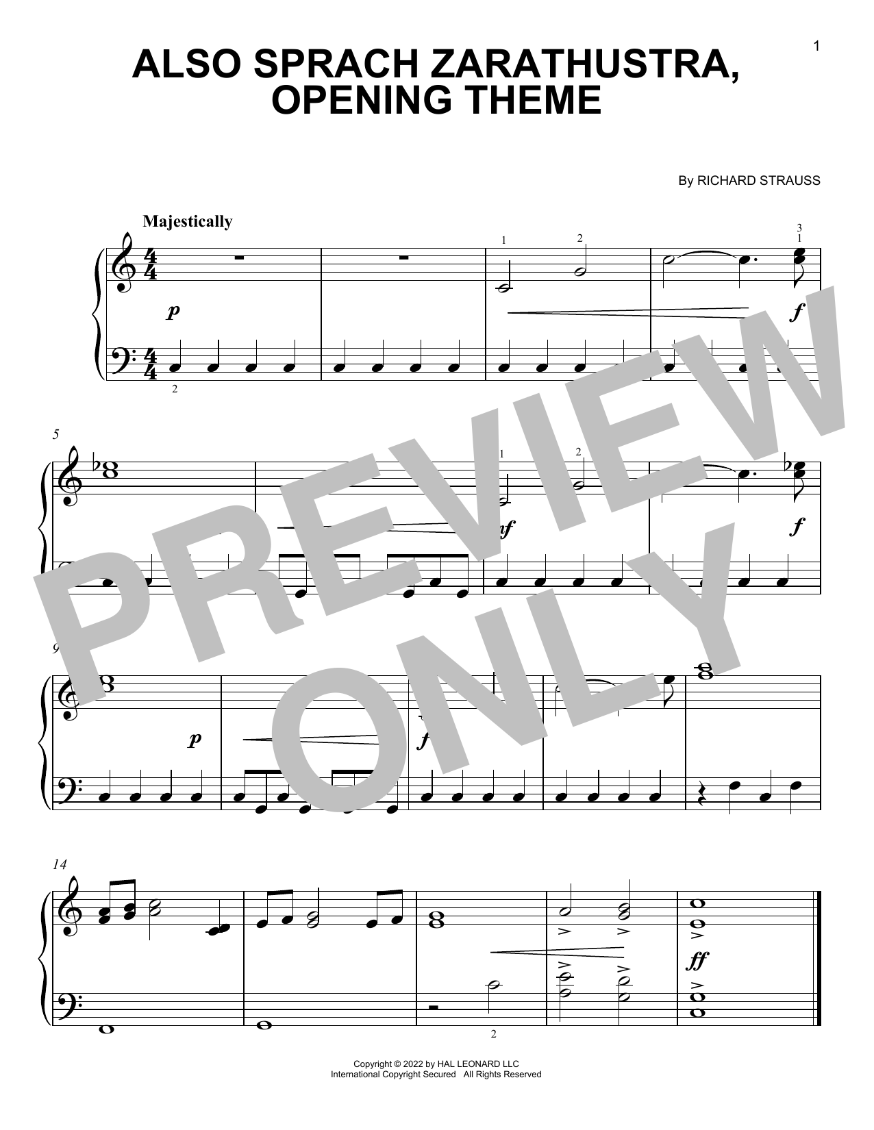Richard Strauss Also Sprach Zarathustra, Opening Theme (from 2001: A Space Odyssey) Sheet Music Notes & Chords for Easy Piano - Download or Print PDF