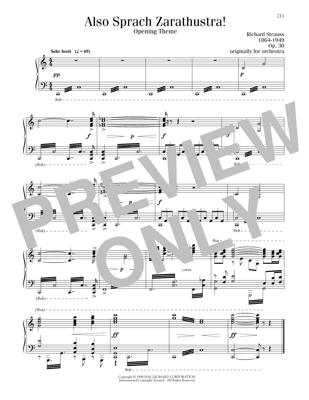 Richard Strauss Also Sprach Zarathustra, Opening Theme Sheet Music Notes & Chords for Piano Solo - Download or Print PDF