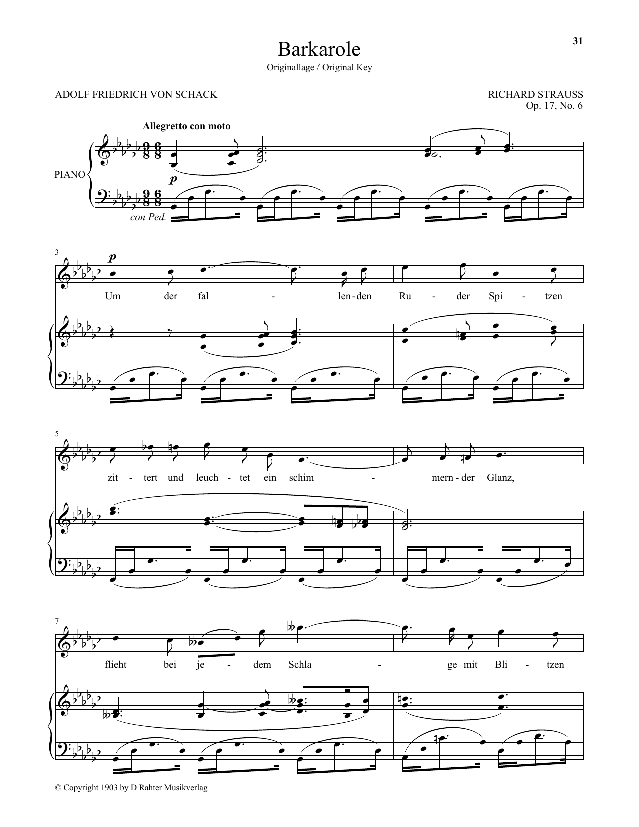 Richard Strauss Barkarole (High Voice) Sheet Music Notes & Chords for Piano & Vocal - Download or Print PDF