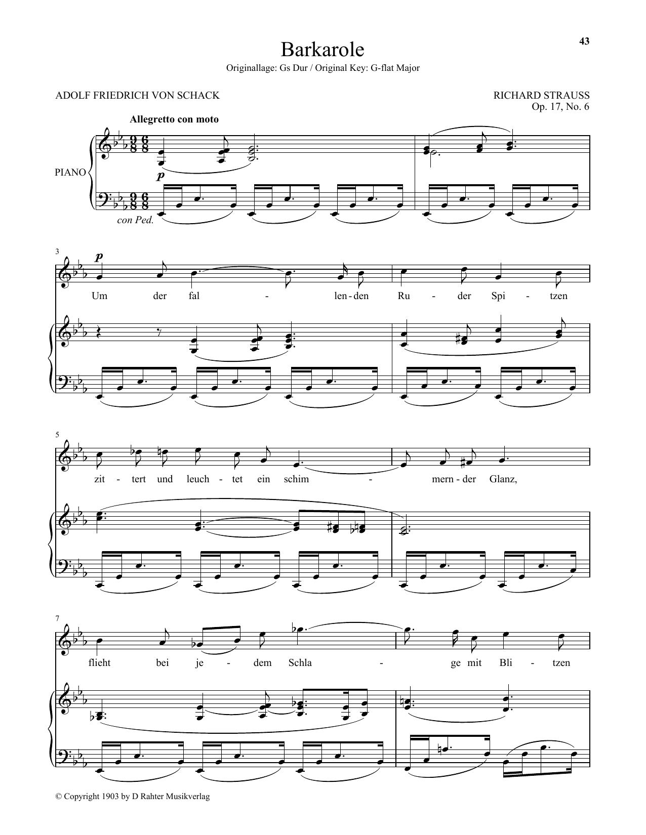 Richard Strauss Barkarole (Low Voice) Sheet Music Notes & Chords for Piano & Vocal - Download or Print PDF