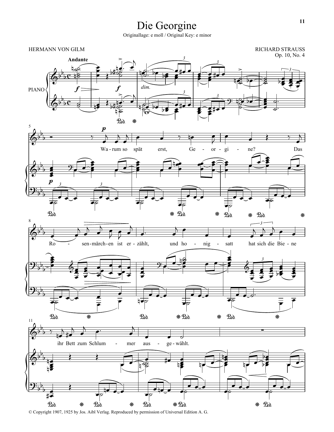 Richard Strauss Die Georgine (Low Voice) Sheet Music Notes & Chords for Piano & Vocal - Download or Print PDF