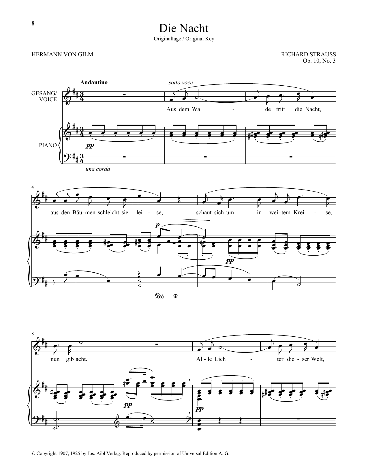 Richard Strauss Die Nacht (High Voice) Sheet Music Notes & Chords for Piano & Vocal - Download or Print PDF
