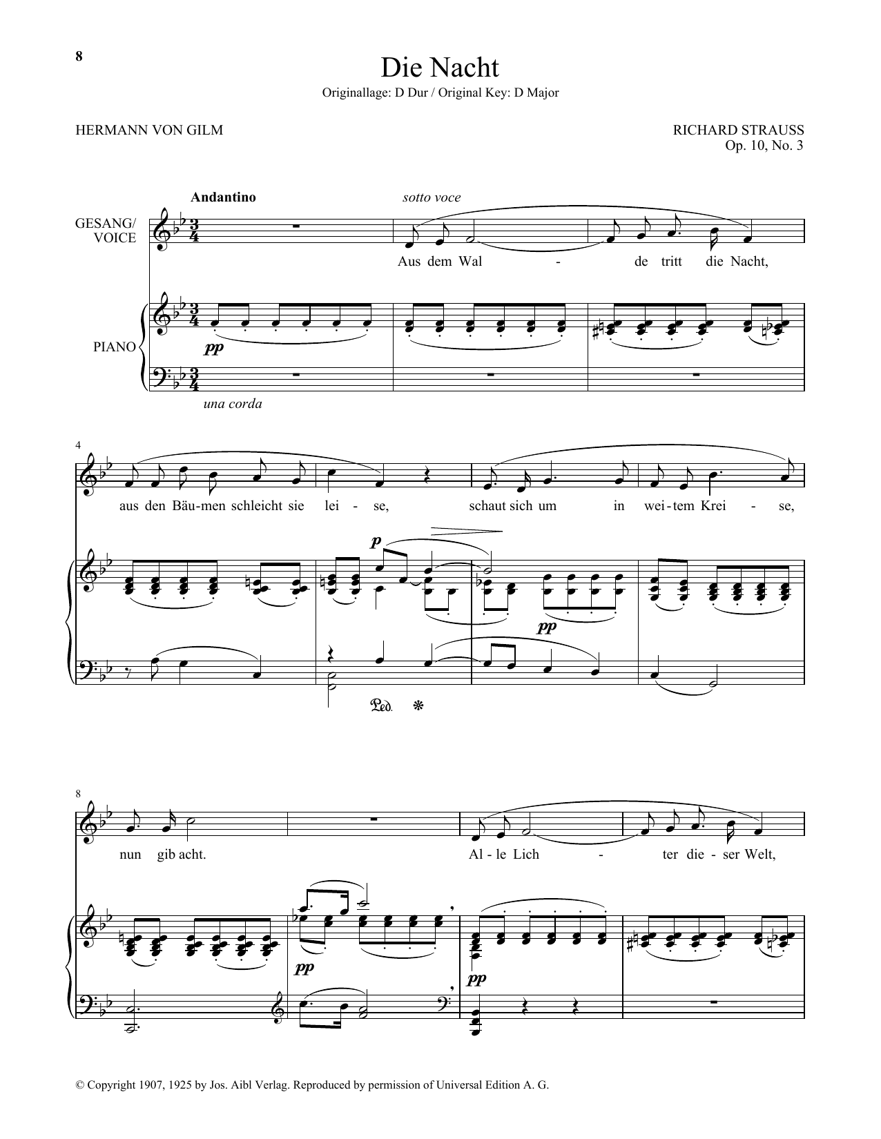 Richard Strauss Die Nacht (Low Voice) Sheet Music Notes & Chords for Piano & Vocal - Download or Print PDF