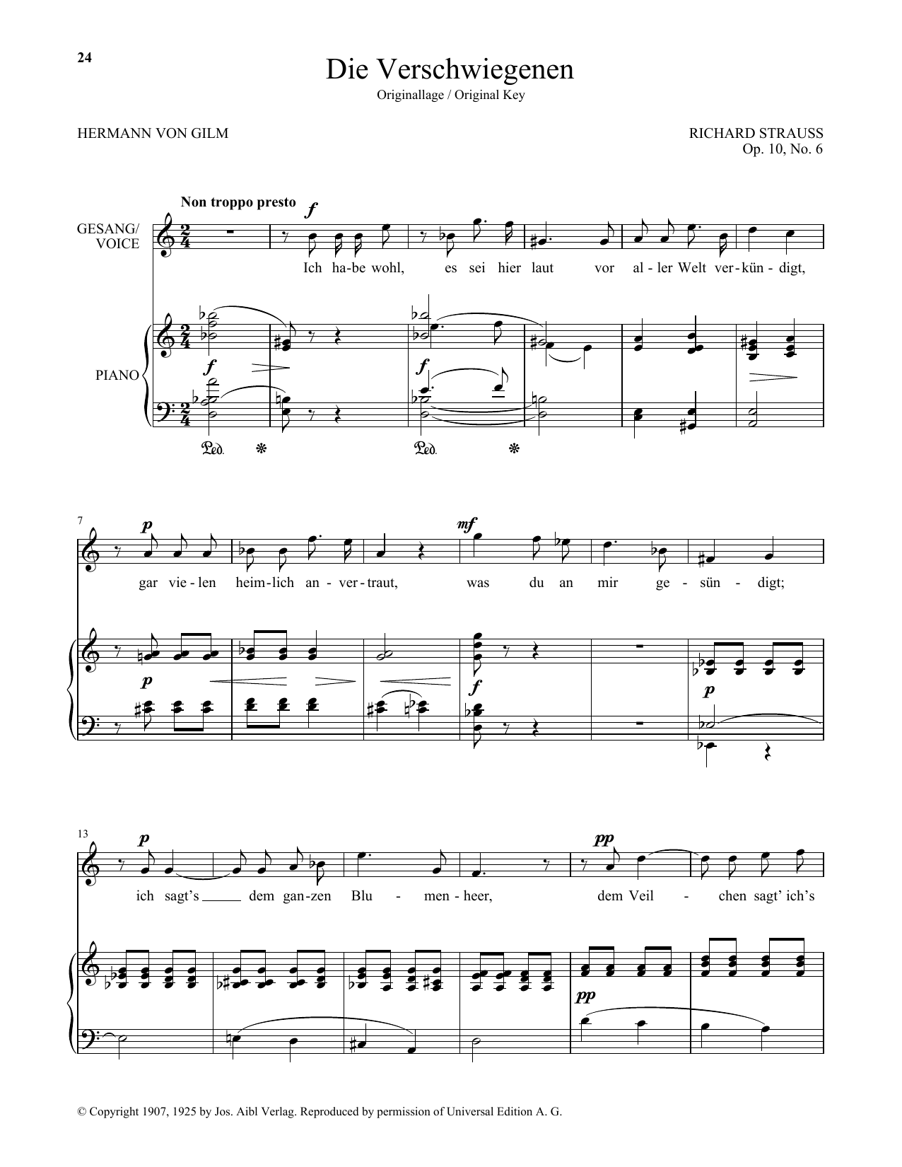 Richard Strauss Die Verschwiegenen (High Voice) Sheet Music Notes & Chords for Piano & Vocal - Download or Print PDF