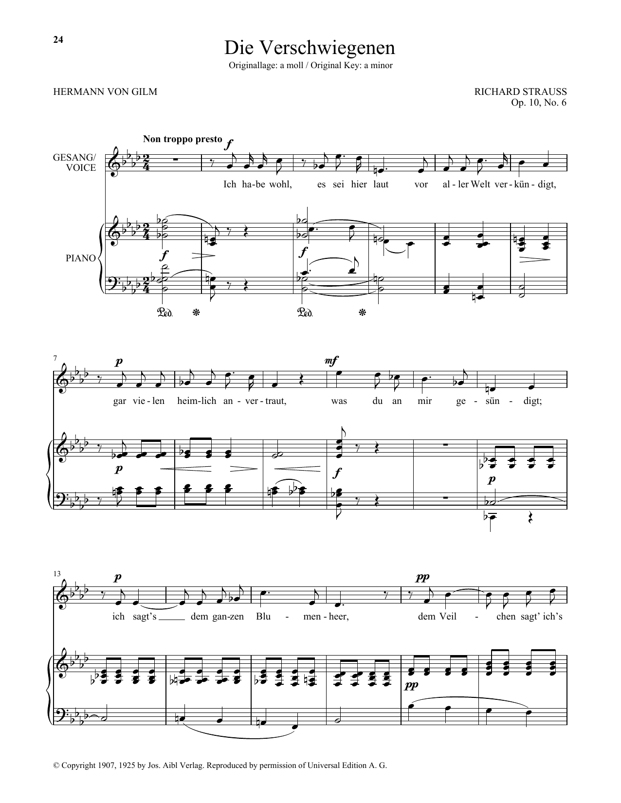 Richard Strauss Die Verschwiegenen (Low Voice) Sheet Music Notes & Chords for Piano & Vocal - Download or Print PDF