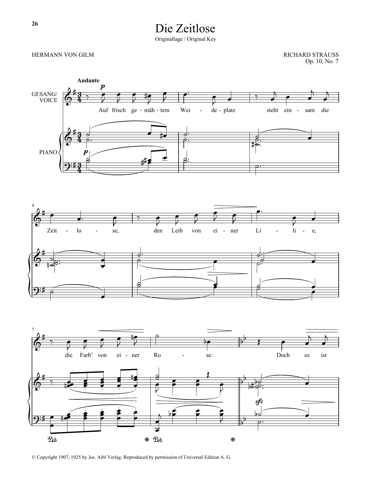 Richard Strauss Die Zeitlose (High Voice) Sheet Music Notes & Chords for Piano & Vocal - Download or Print PDF