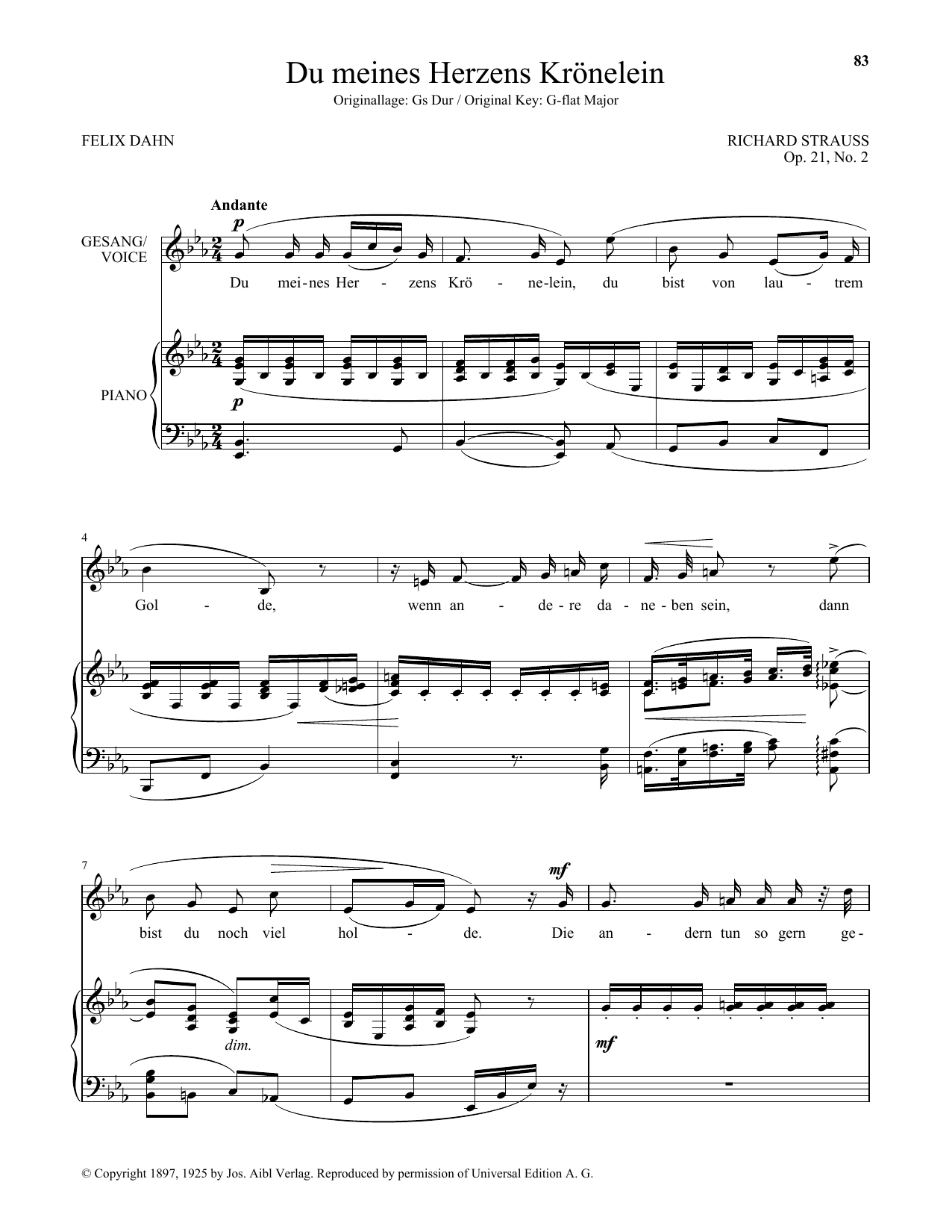 Richard Strauss Du Meines Herzens Kronelein (Low Voice) Sheet Music Notes & Chords for Piano & Vocal - Download or Print PDF