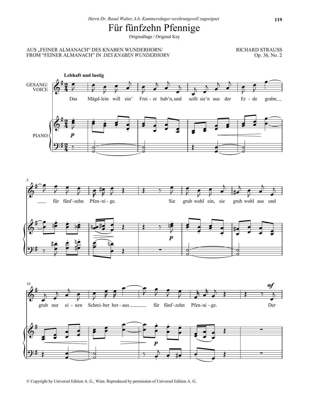 Richard Strauss Fur Funfzehn Pfennige (High Voice) Sheet Music Notes & Chords for Piano & Vocal - Download or Print PDF