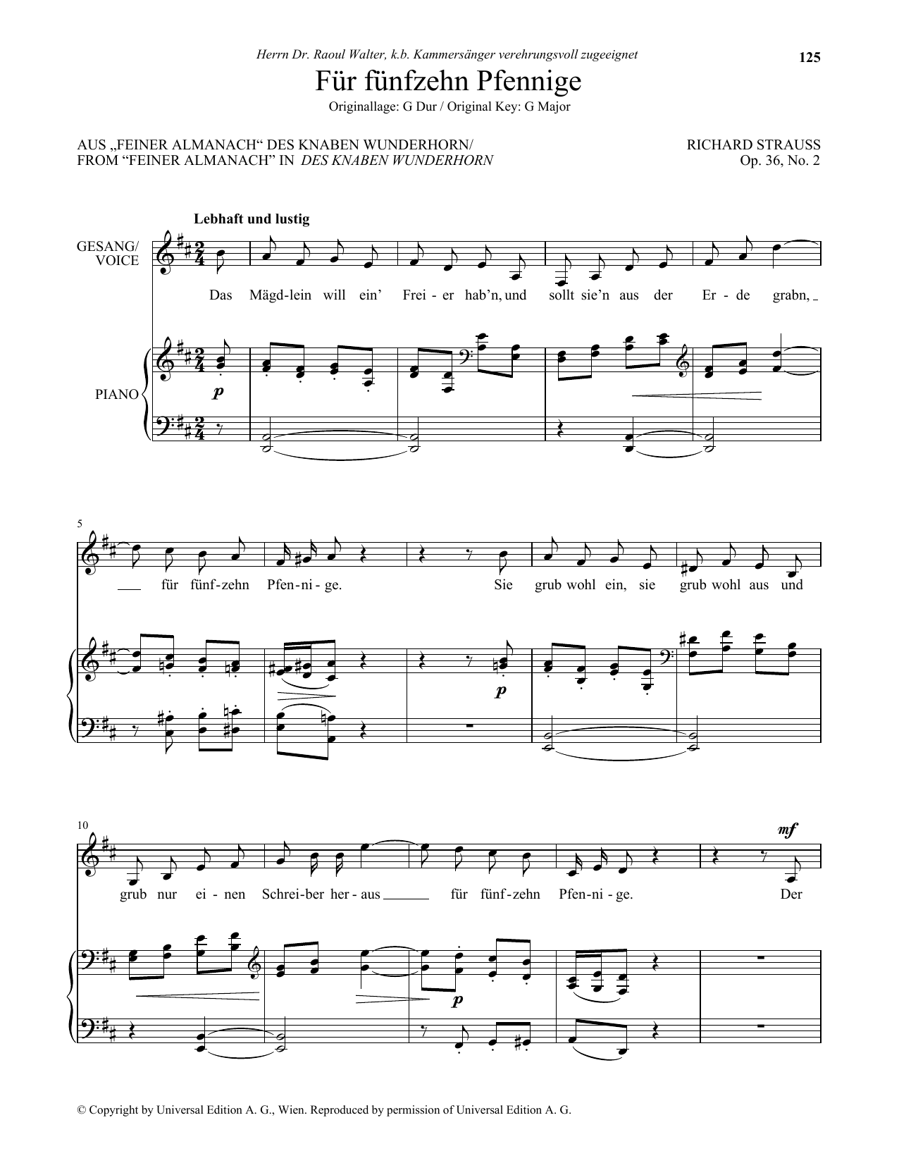 Richard Strauss Fur Funfzehn Pfennige (Low Voice) Sheet Music Notes & Chords for Piano & Vocal - Download or Print PDF