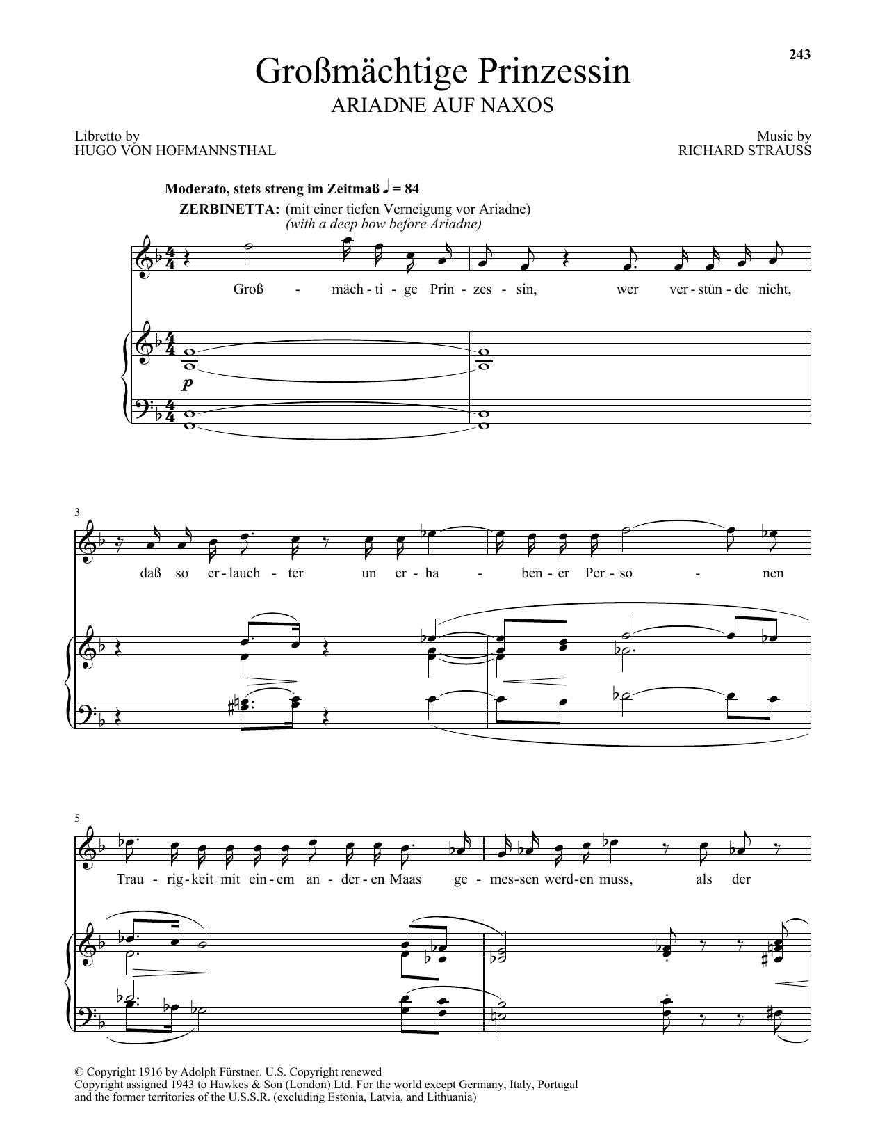 Richard Strauss Grossmatige Prinzessin (from Ariadne auf Naxos) Sheet Music Notes & Chords for Piano & Vocal - Download or Print PDF