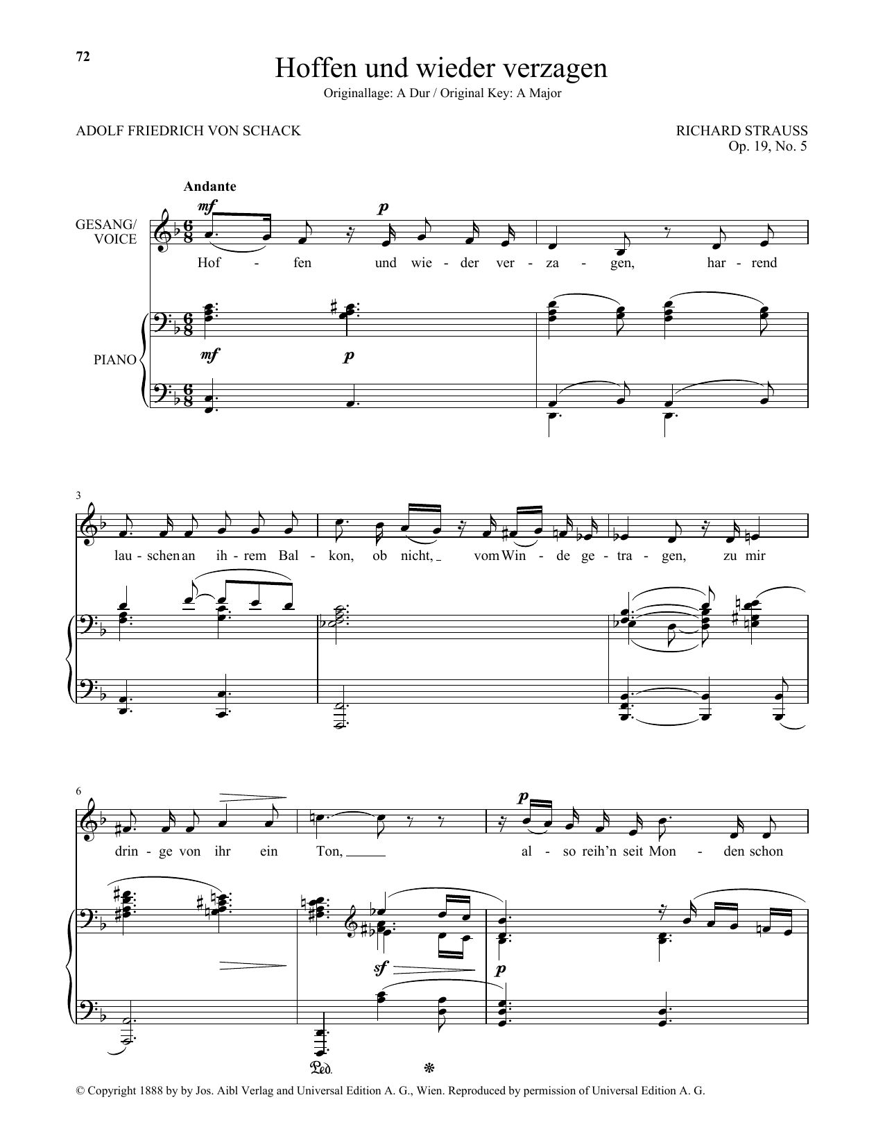 Richard Strauss Hoffen Und Wieder Verzagen (Low Voice) Sheet Music Notes & Chords for Piano & Vocal - Download or Print PDF