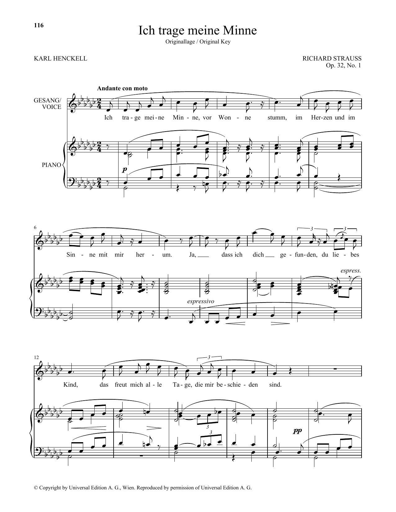 Richard Strauss Ich Trage Meine Minne (High Voice) Sheet Music Notes & Chords for Piano & Vocal - Download or Print PDF
