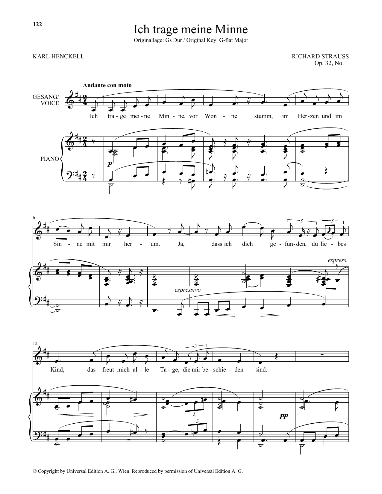 Richard Strauss Ich Trage Meine Minne (Low Voice) Sheet Music Notes & Chords for Piano & Vocal - Download or Print PDF