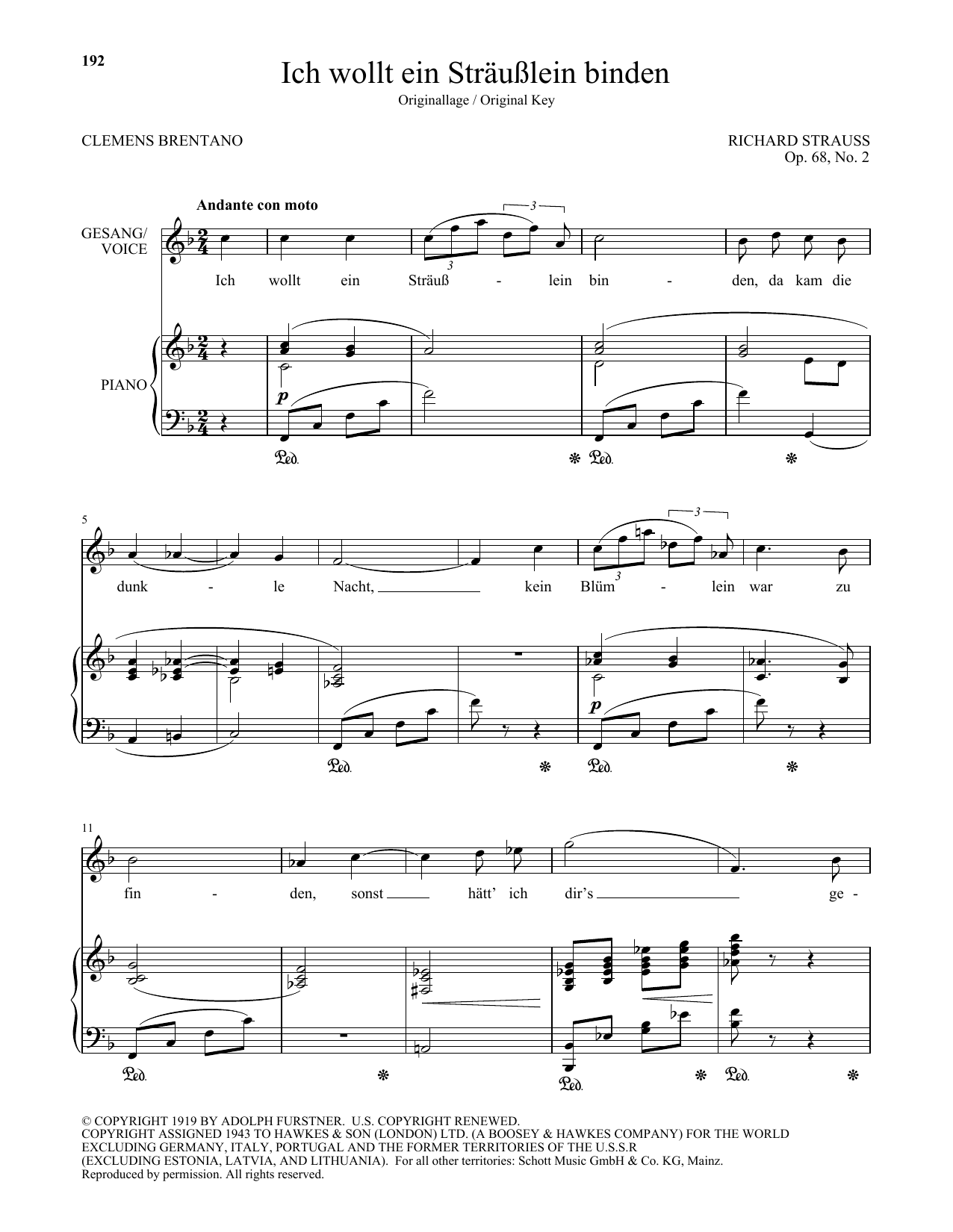 Richard Strauss Ich Wollt Ein Strausslein Binden (High Voice) Sheet Music Notes & Chords for Piano & Vocal - Download or Print PDF