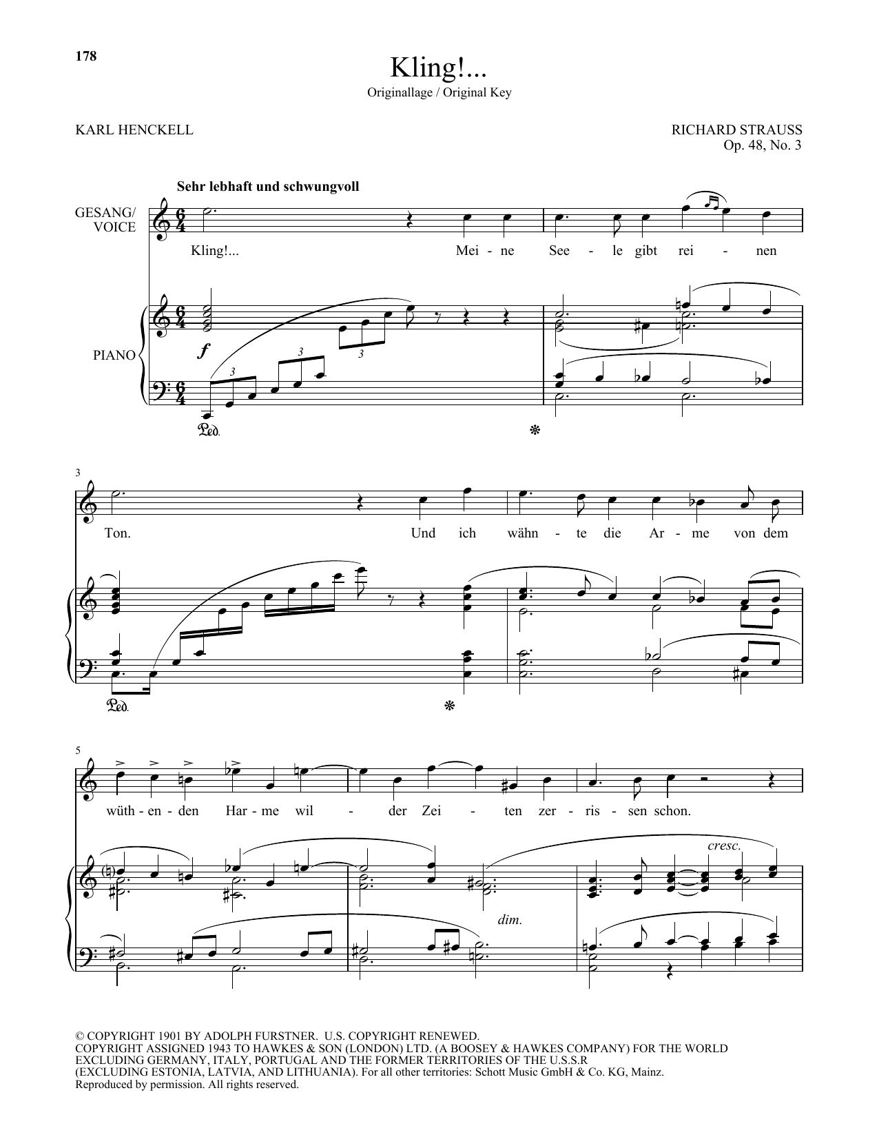 Richard Strauss Kling! (High Voice) Sheet Music Notes & Chords for Piano & Vocal - Download or Print PDF