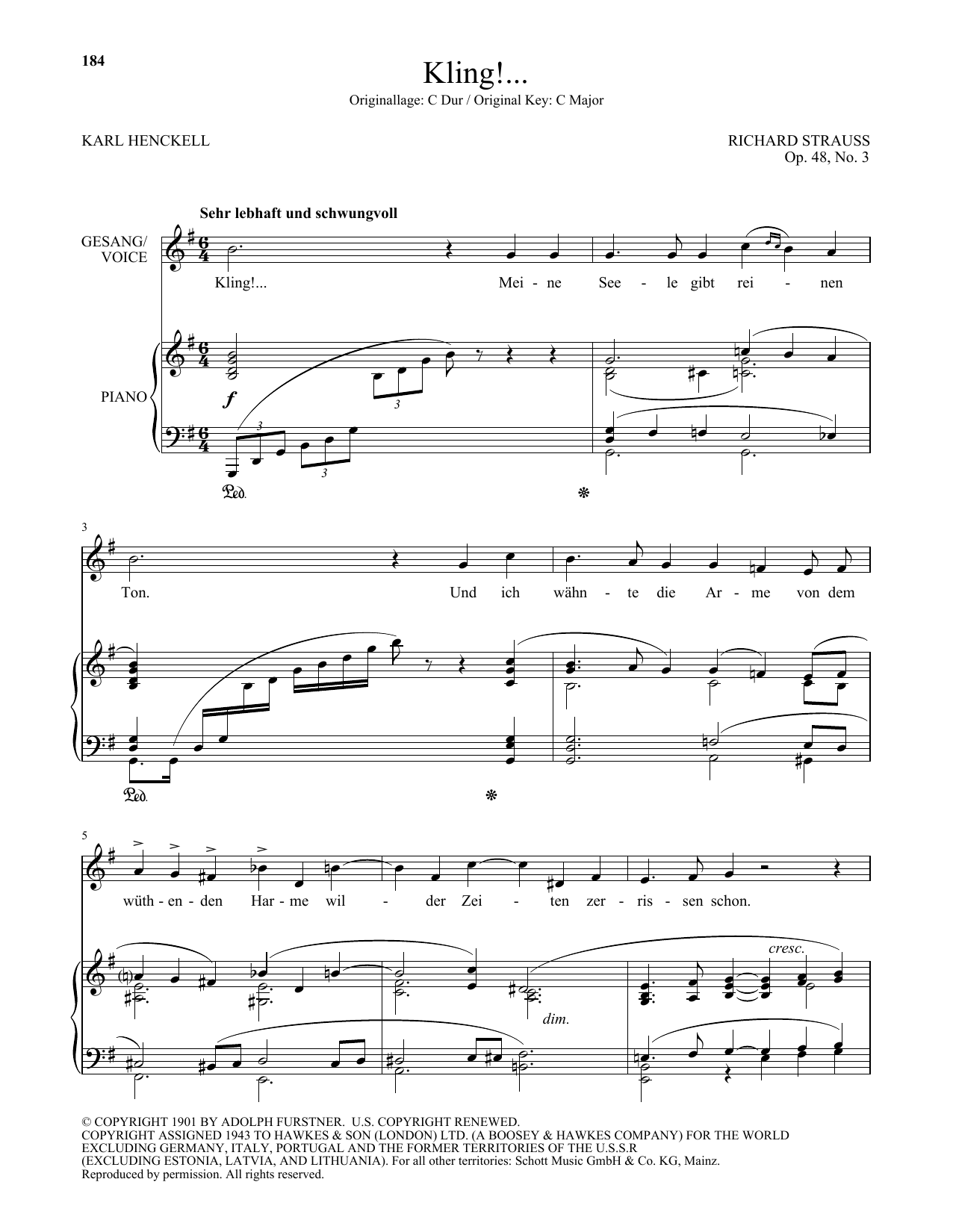 Richard Strauss Kling! (Low Voice) Sheet Music Notes & Chords for Piano & Vocal - Download or Print PDF