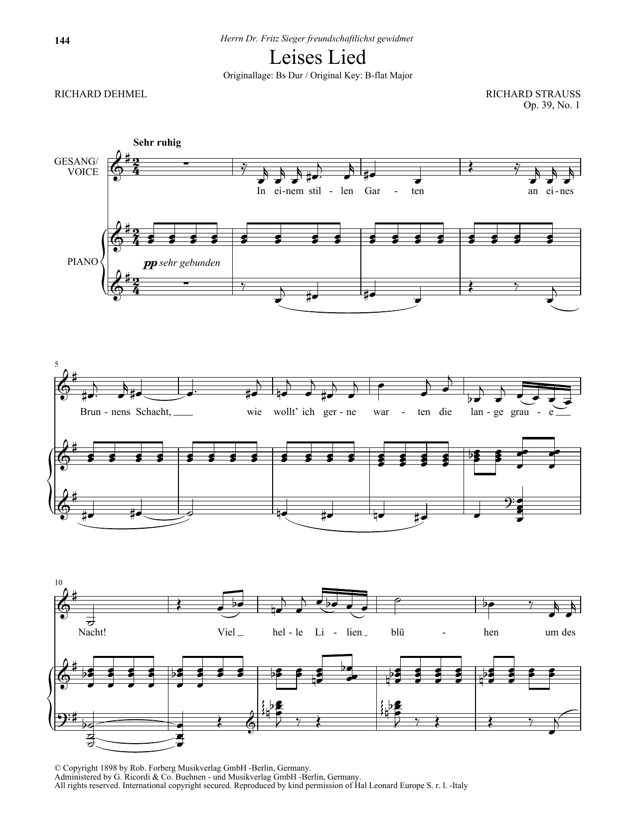 Richard Strauss Leises Lied (Low Voice) Sheet Music Notes & Chords for Piano & Vocal - Download or Print PDF