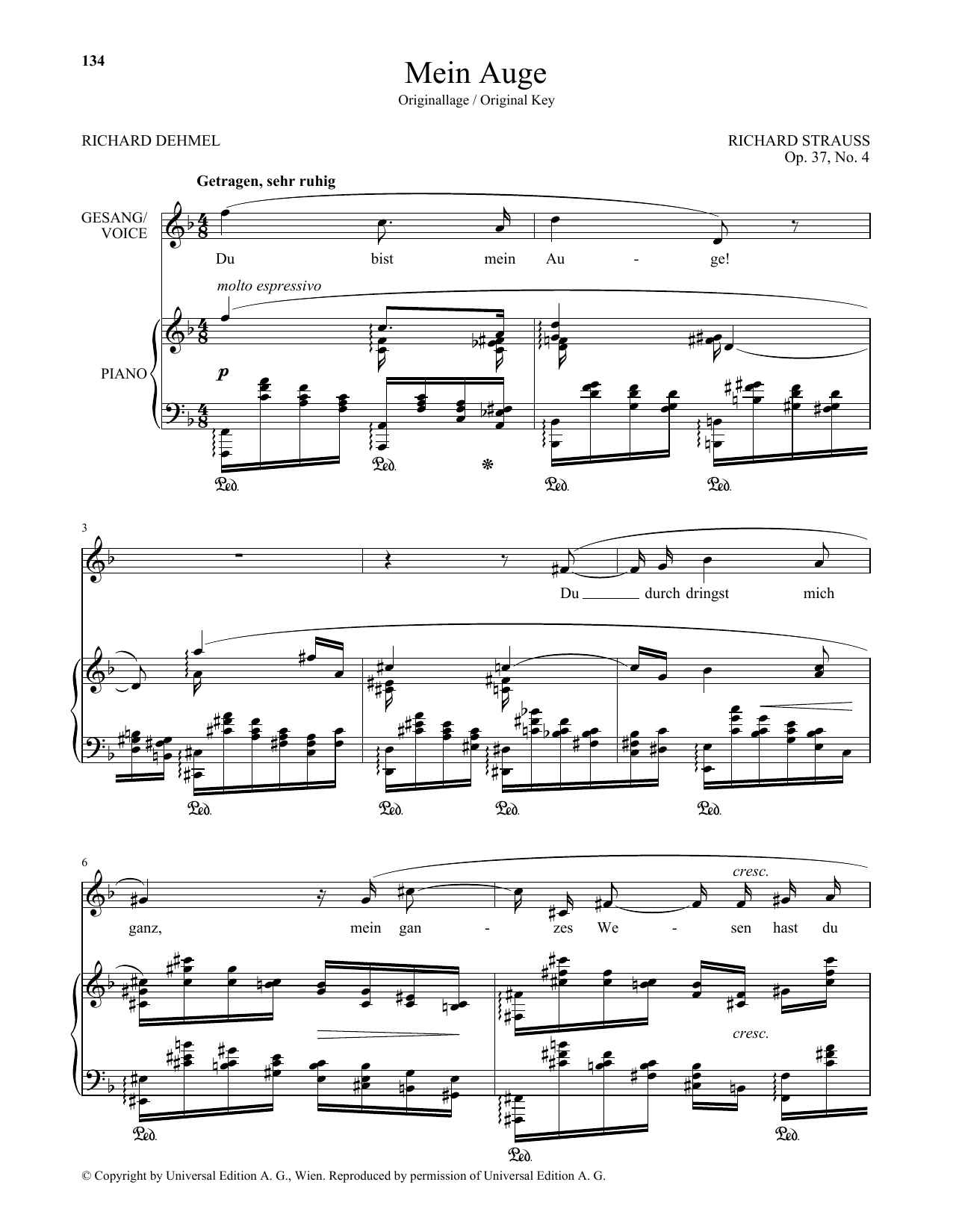 Richard Strauss Mein Auge (High Voice) Sheet Music Notes & Chords for Piano & Vocal - Download or Print PDF