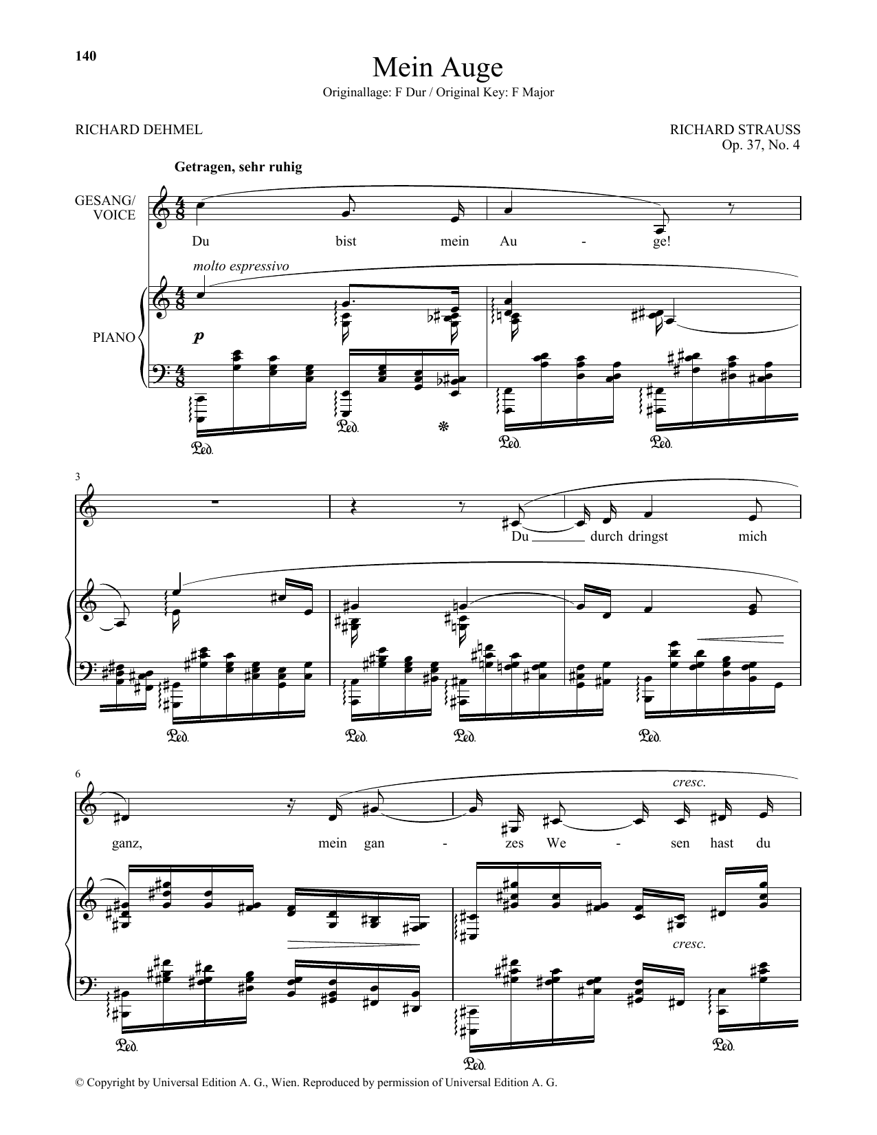 Richard Strauss Mein Auge (Low Voice) Sheet Music Notes & Chords for Piano & Vocal - Download or Print PDF