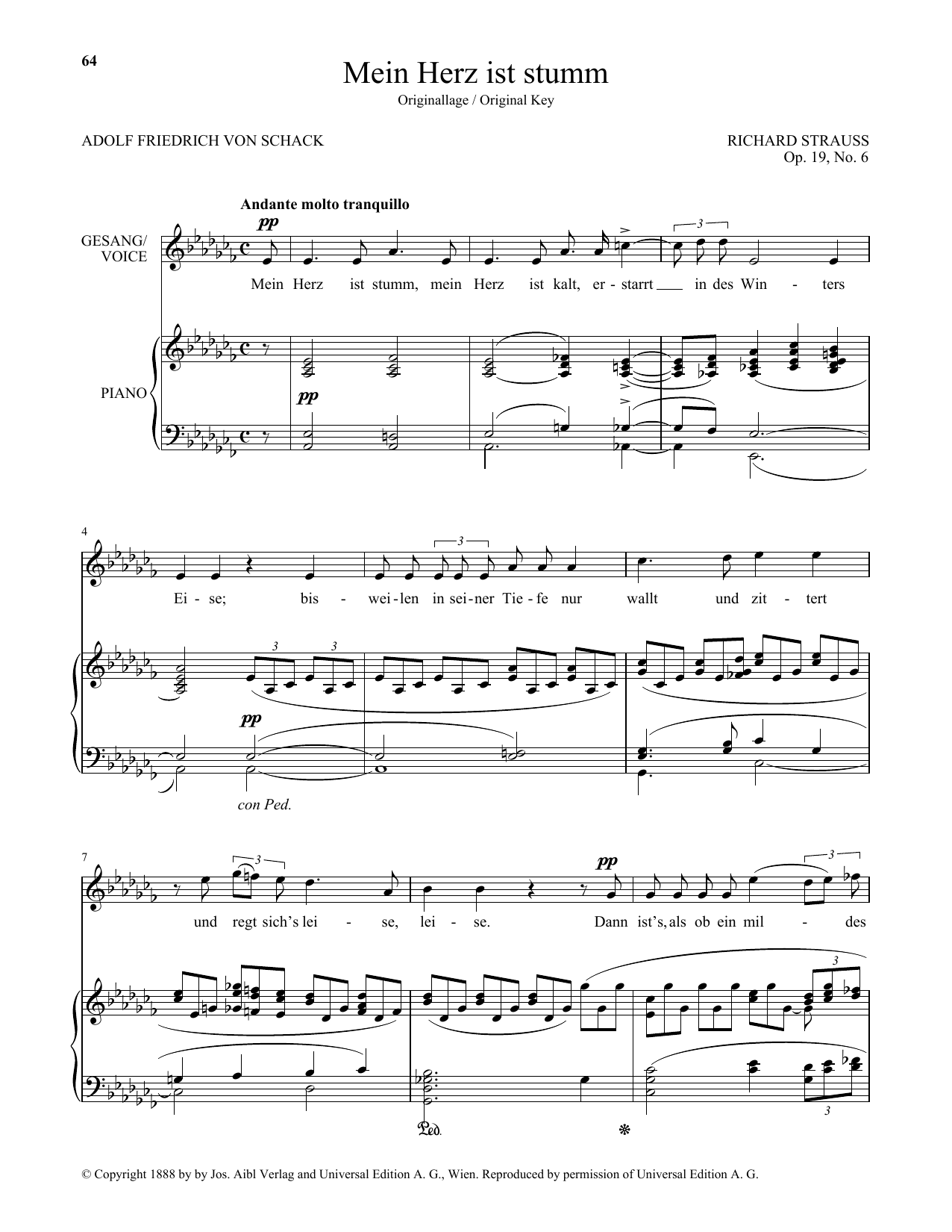 Richard Strauss Mein Herz Ist Stumm (High Voice) Sheet Music Notes & Chords for Piano & Vocal - Download or Print PDF