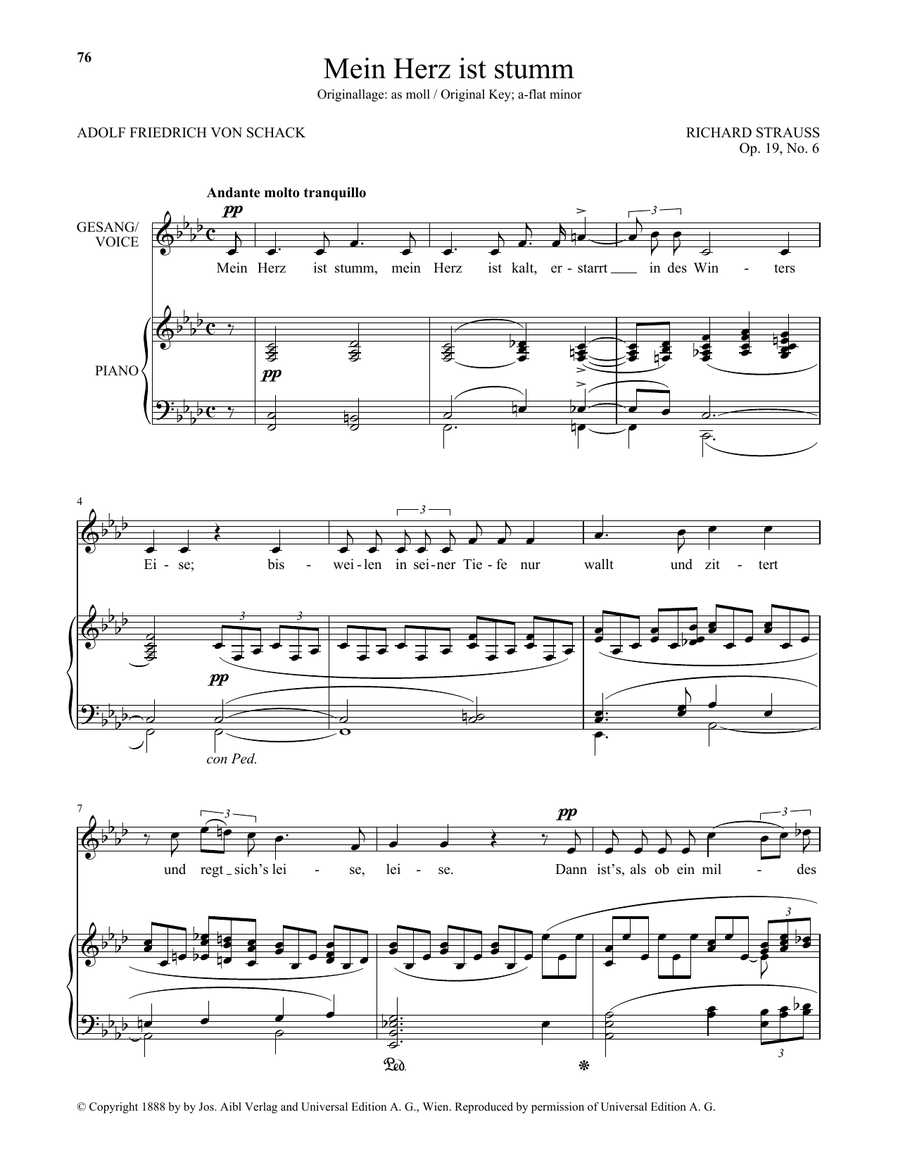 Richard Strauss Mein Herz Ist Stumm (Low Voice) Sheet Music Notes & Chords for Piano & Vocal - Download or Print PDF