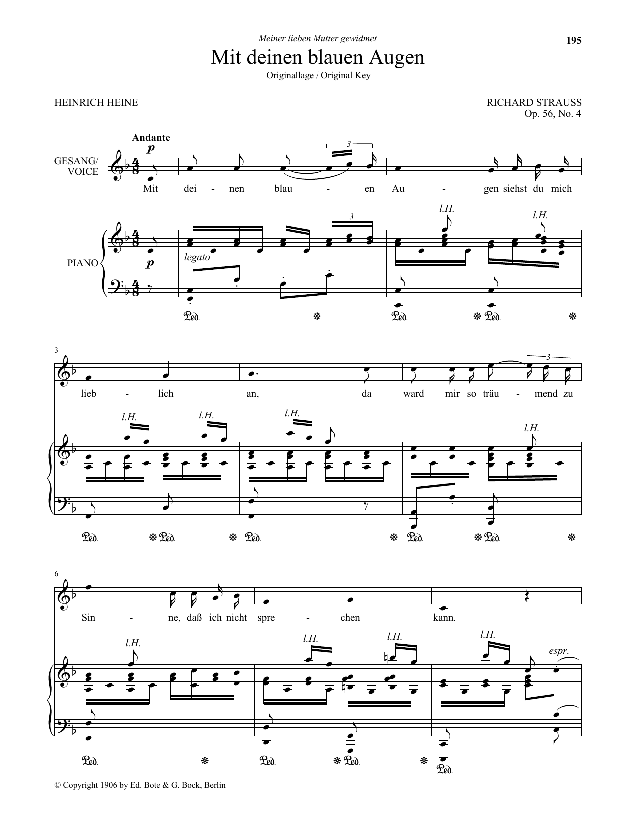 Richard Strauss Mit Deinen Blauen Augen (Low Voice) Sheet Music Notes & Chords for Piano & Vocal - Download or Print PDF