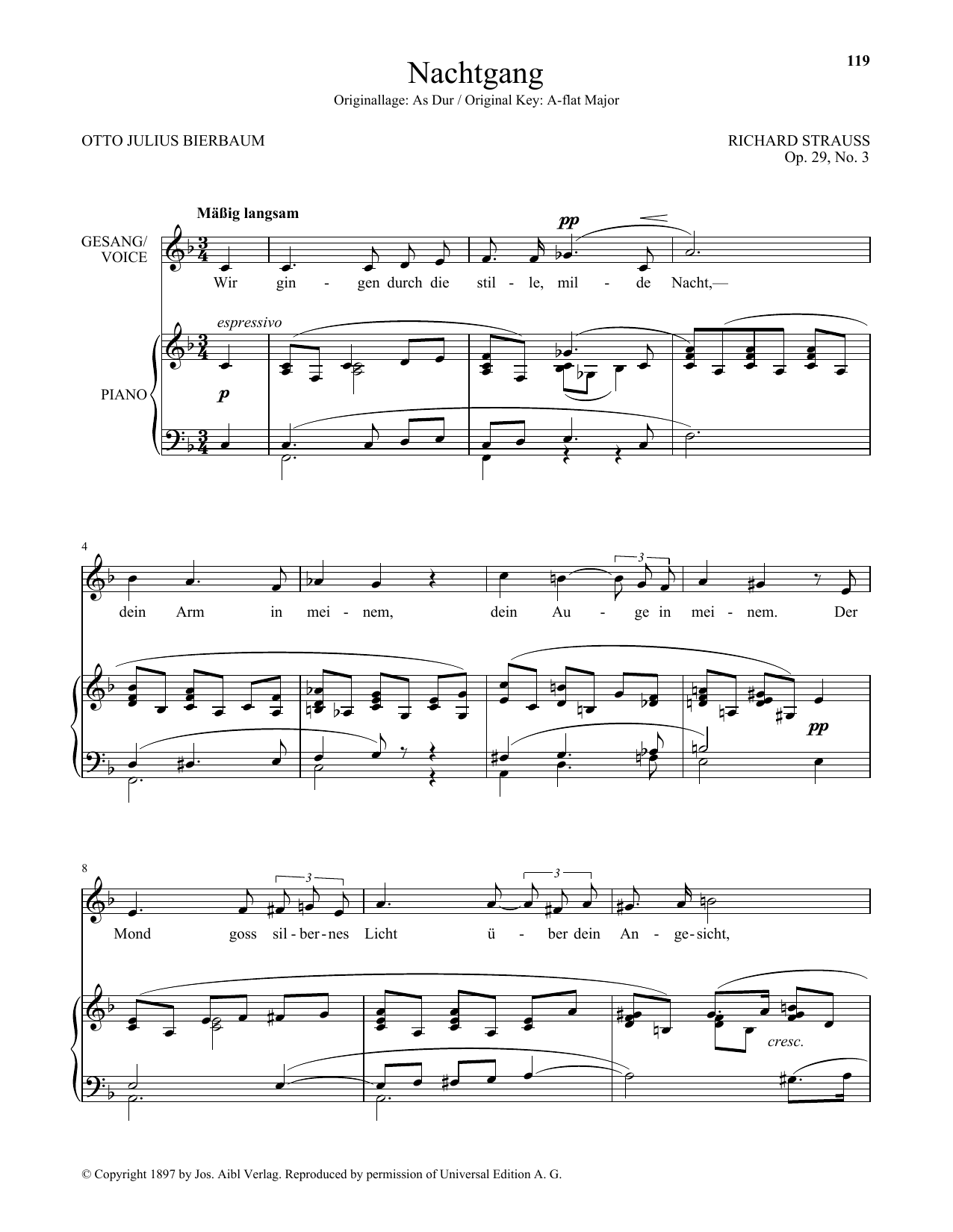 Richard Strauss Nachtgang (Low Voice) Sheet Music Notes & Chords for Piano & Vocal - Download or Print PDF