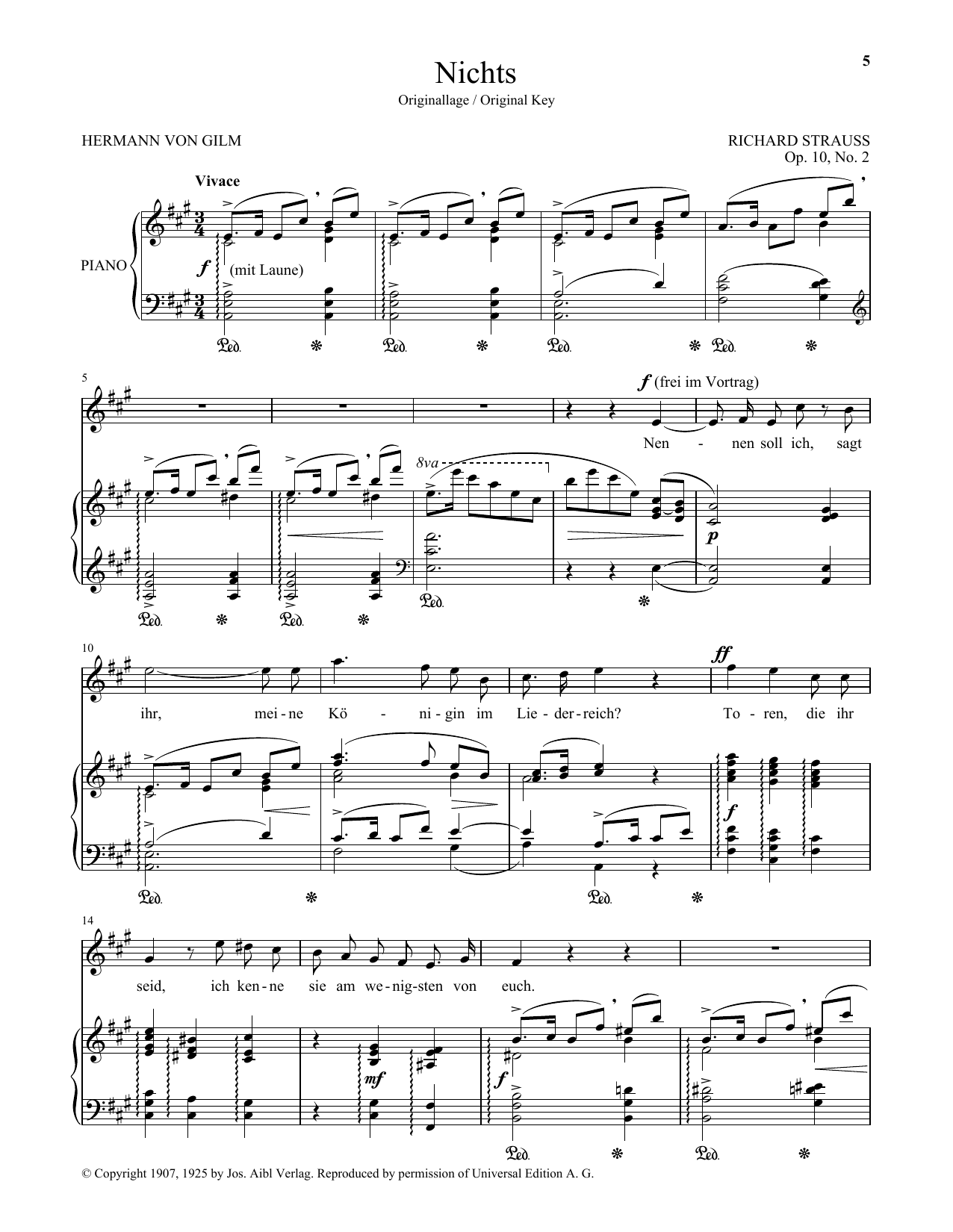 Richard Strauss Nichts (High Voice) Sheet Music Notes & Chords for Piano & Vocal - Download or Print PDF