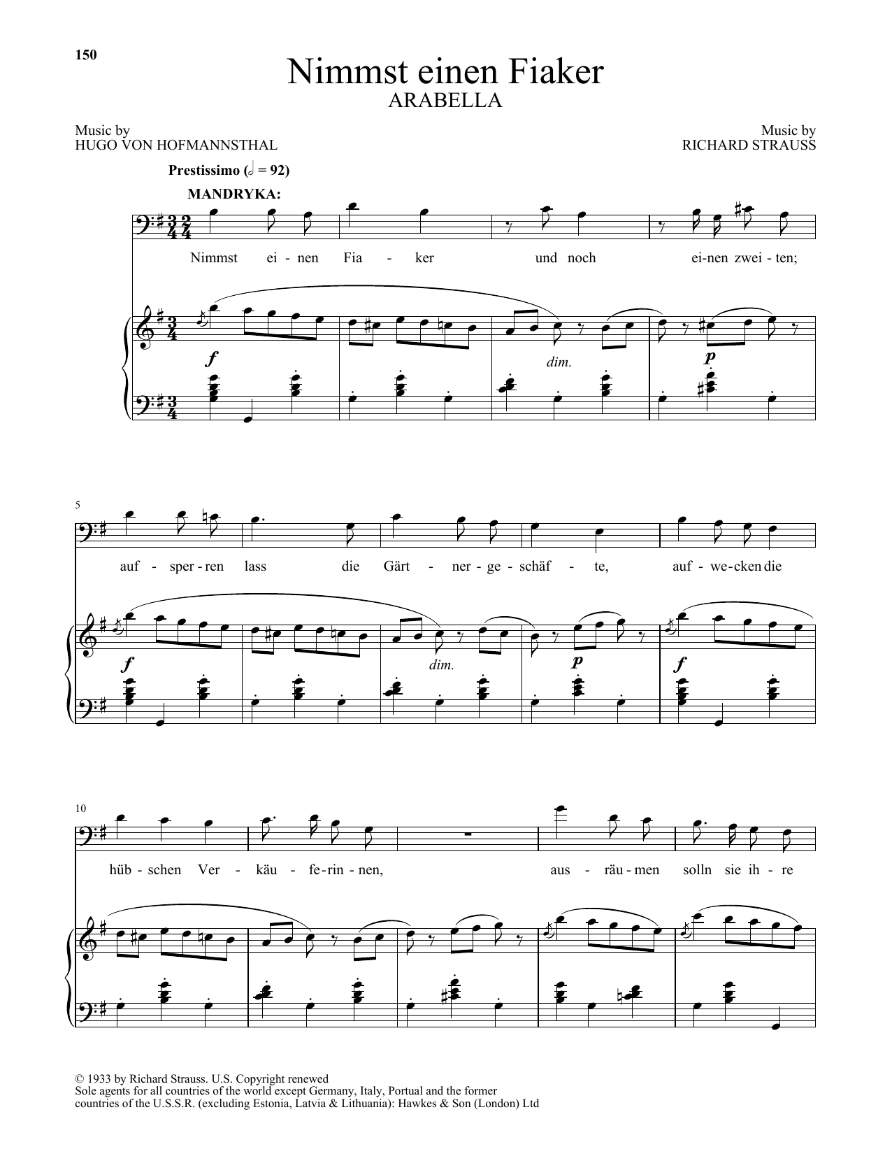 Richard Strauss Nimmst einen Fiaker (from Arabella) Sheet Music Notes & Chords for Piano & Vocal - Download or Print PDF