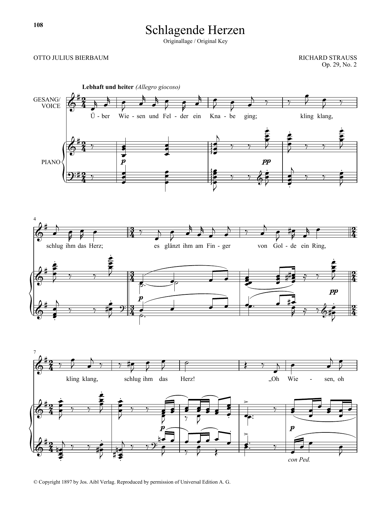 Richard Strauss Schlagende Herzen (High Voice) Sheet Music Notes & Chords for Piano & Vocal - Download or Print PDF
