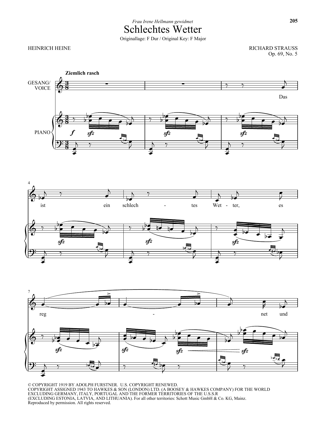 Richard Strauss Schlechtes Wetter (Low Voice) Sheet Music Notes & Chords for Piano & Vocal - Download or Print PDF