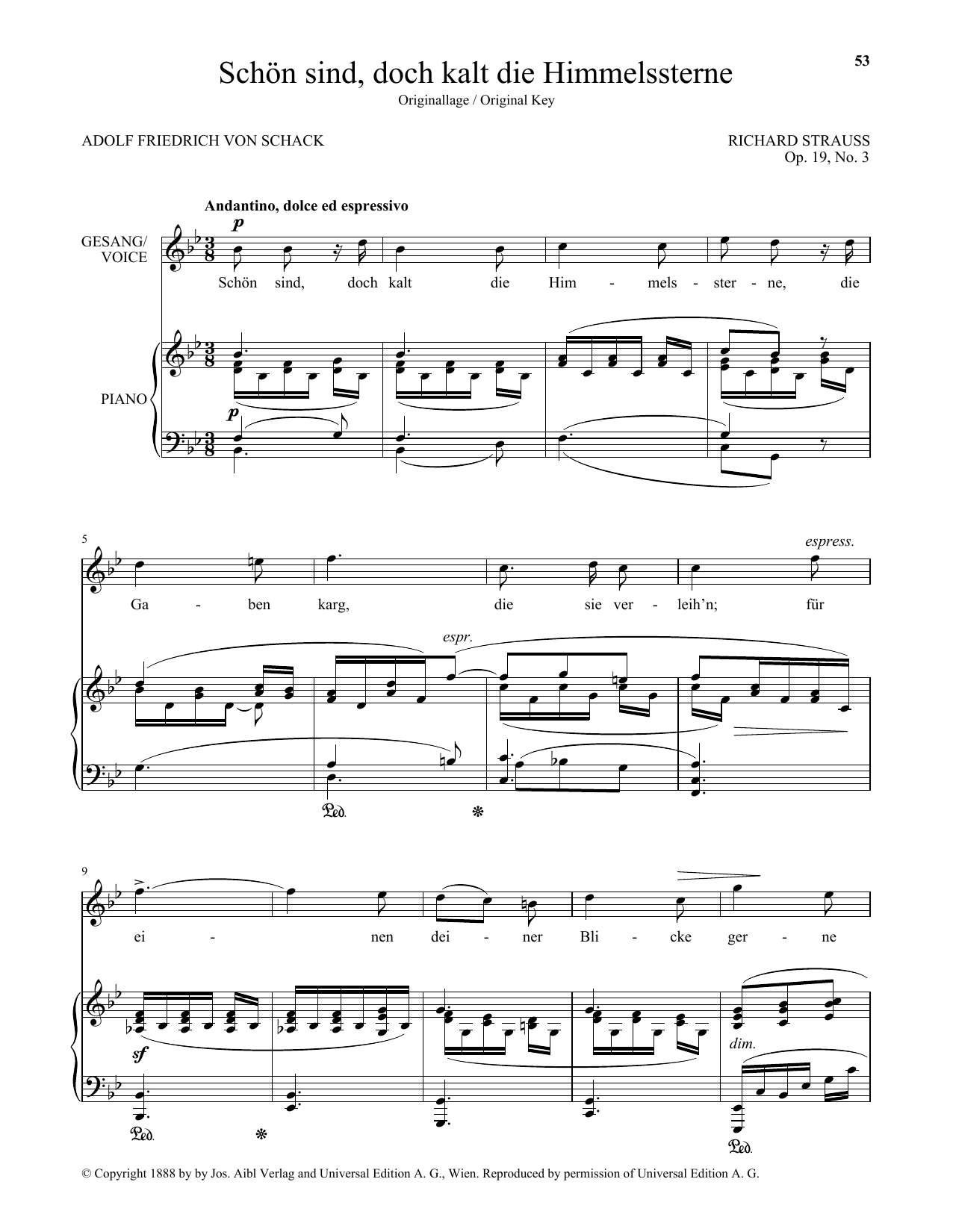 Richard Strauss Schon Sind, Doch Kalt Die Himmelssterne (High Voice) Sheet Music Notes & Chords for Piano & Vocal - Download or Print PDF