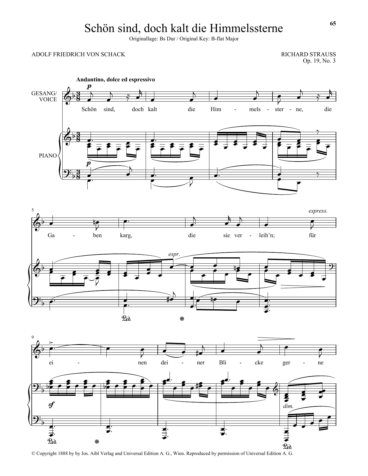 Richard Strauss Schon Sind, Doch Kalt Die Himmelssterne (Low Voice) Sheet Music Notes & Chords for Piano & Vocal - Download or Print PDF