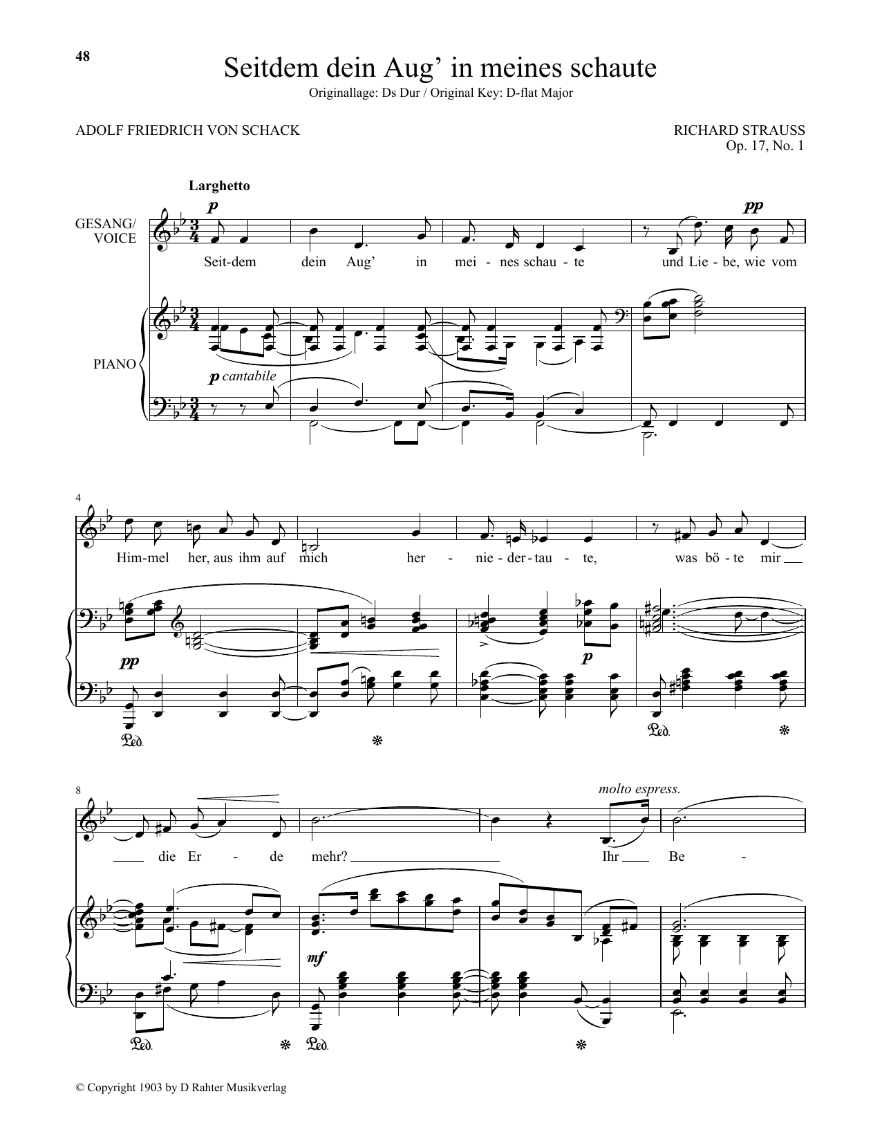Richard Strauss Seitdem Dein Aug' In Meines Schaute (Low Voice) Sheet Music Notes & Chords for Piano & Vocal - Download or Print PDF