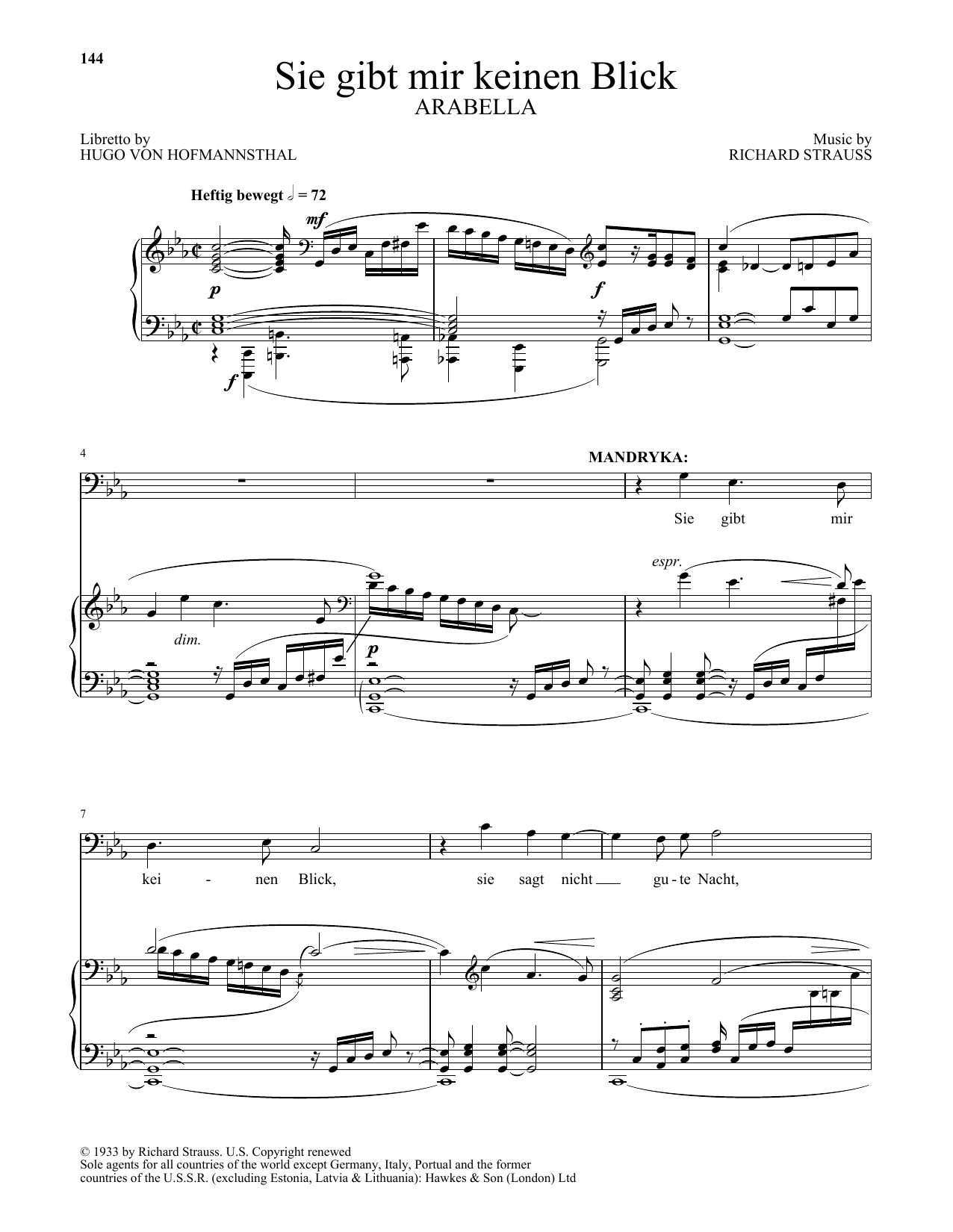 Richard Strauss Sie gibt mir keinen Blick (from Arabella) Sheet Music Notes & Chords for Piano & Vocal - Download or Print PDF